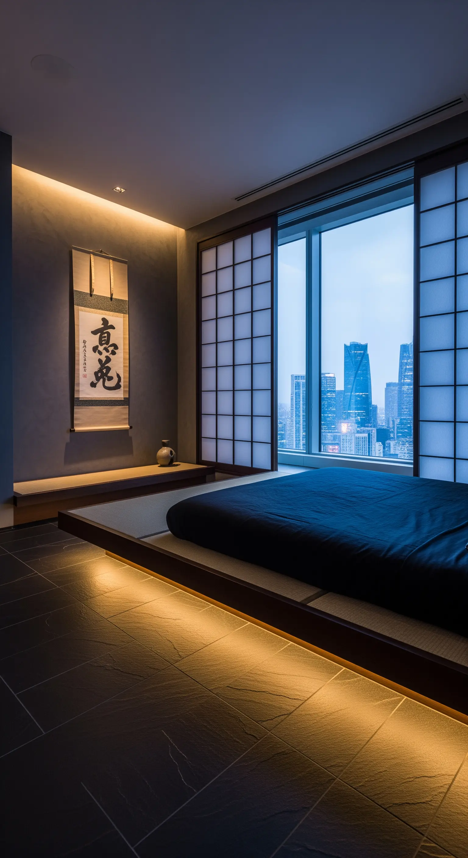 Japanisches Schlafzimmer mit Tatami-Plattform, Shoji-Schirm und Stadtblick.