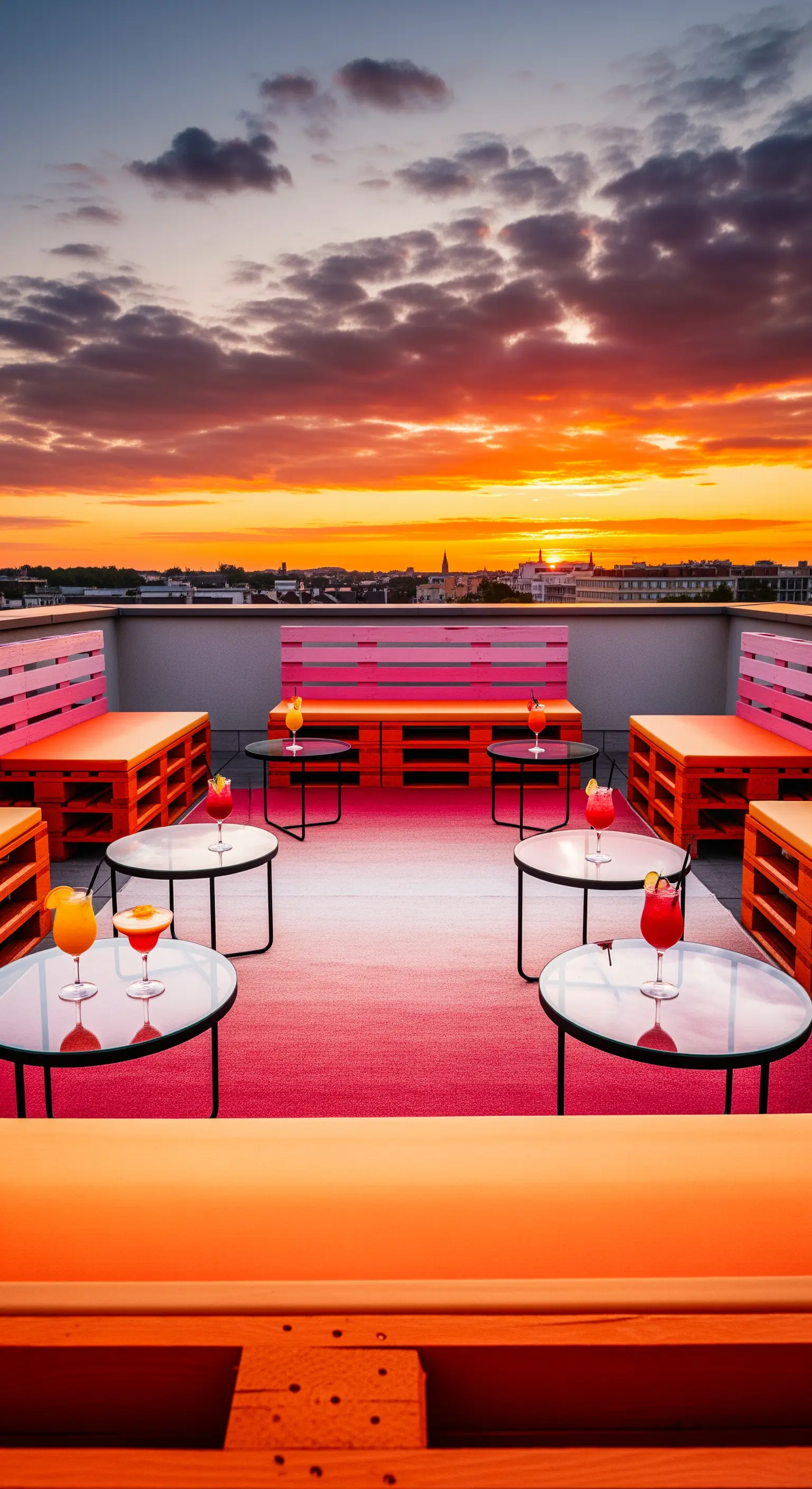 Orange und pinke Palettenmöbel mit Farbverlauf-Teppich und runden Tischen auf einer Dachterrasse bei Sonnenuntergang.