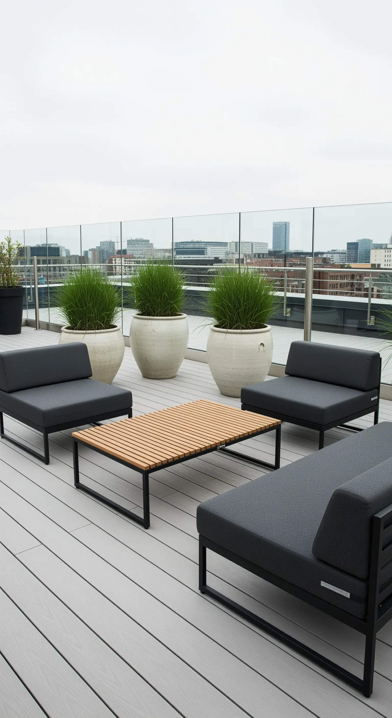 Dachterrassen-Lounge mit Gräsern und dunklen Möbeln