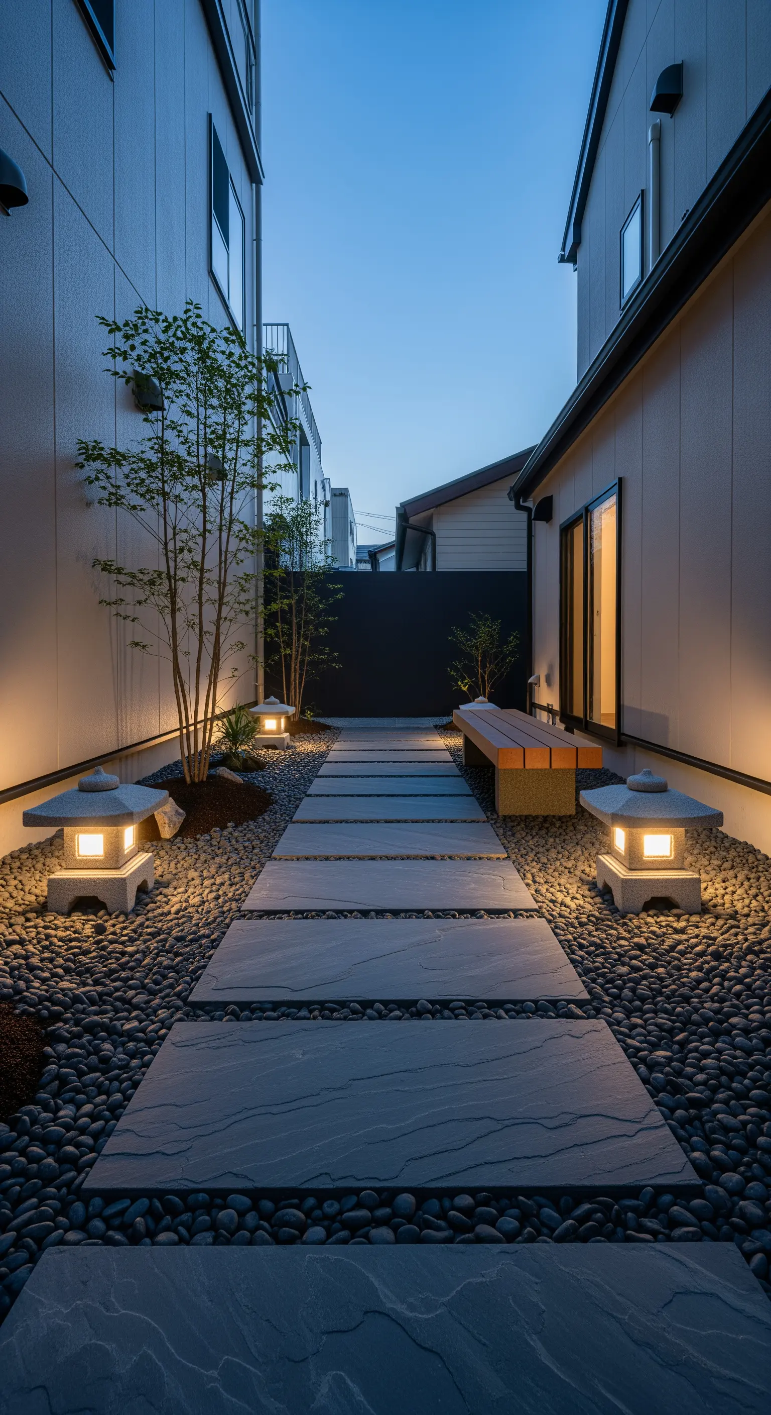 Schmaler Gartenweg mit großen Steinplatten, Kieselsteinen und symmetrisch platzierten Steinlaternen.