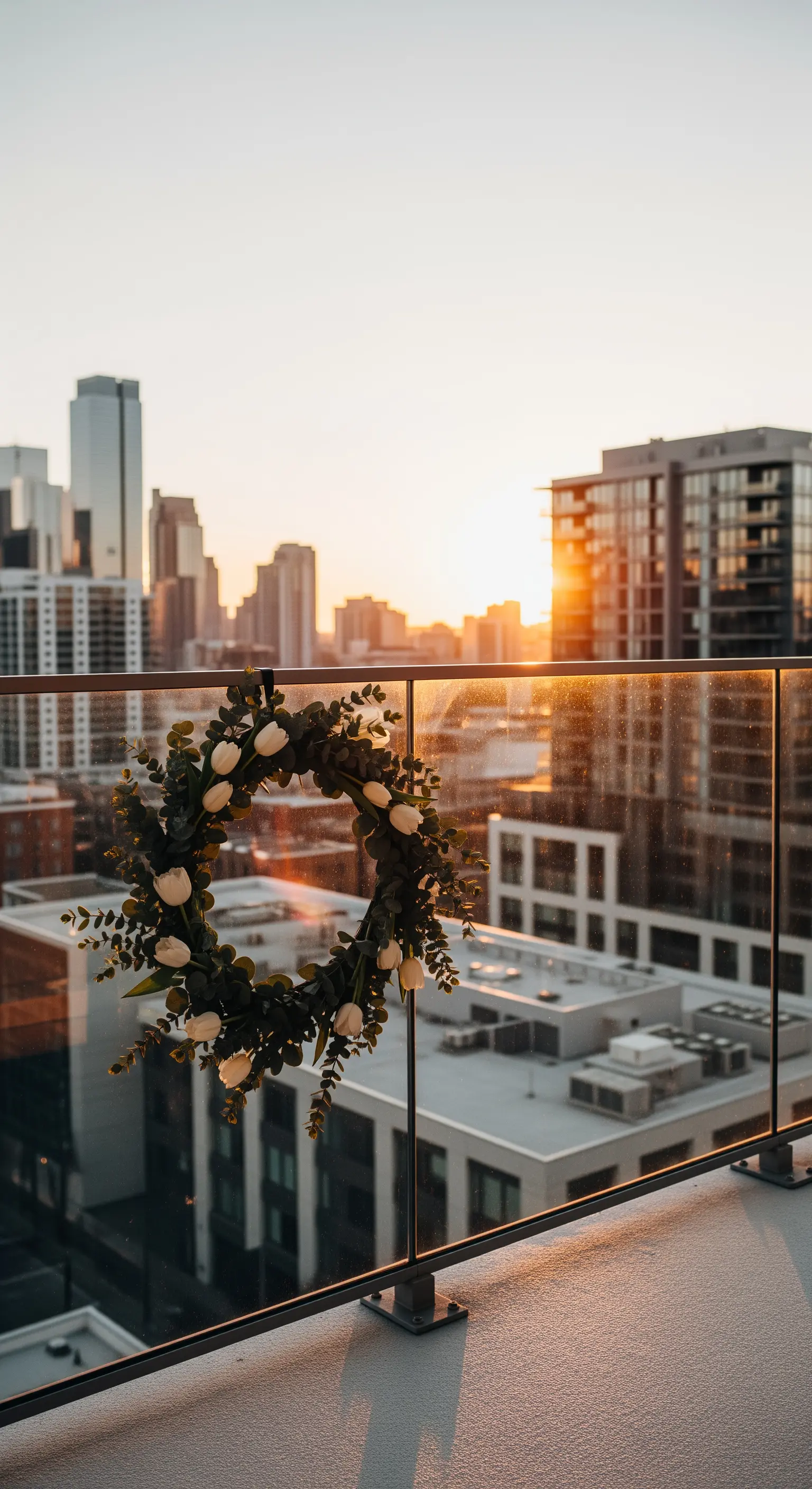 Eukalyptus-Tulpen-Kranz am Stadtbalkon bei Sonnenuntergang