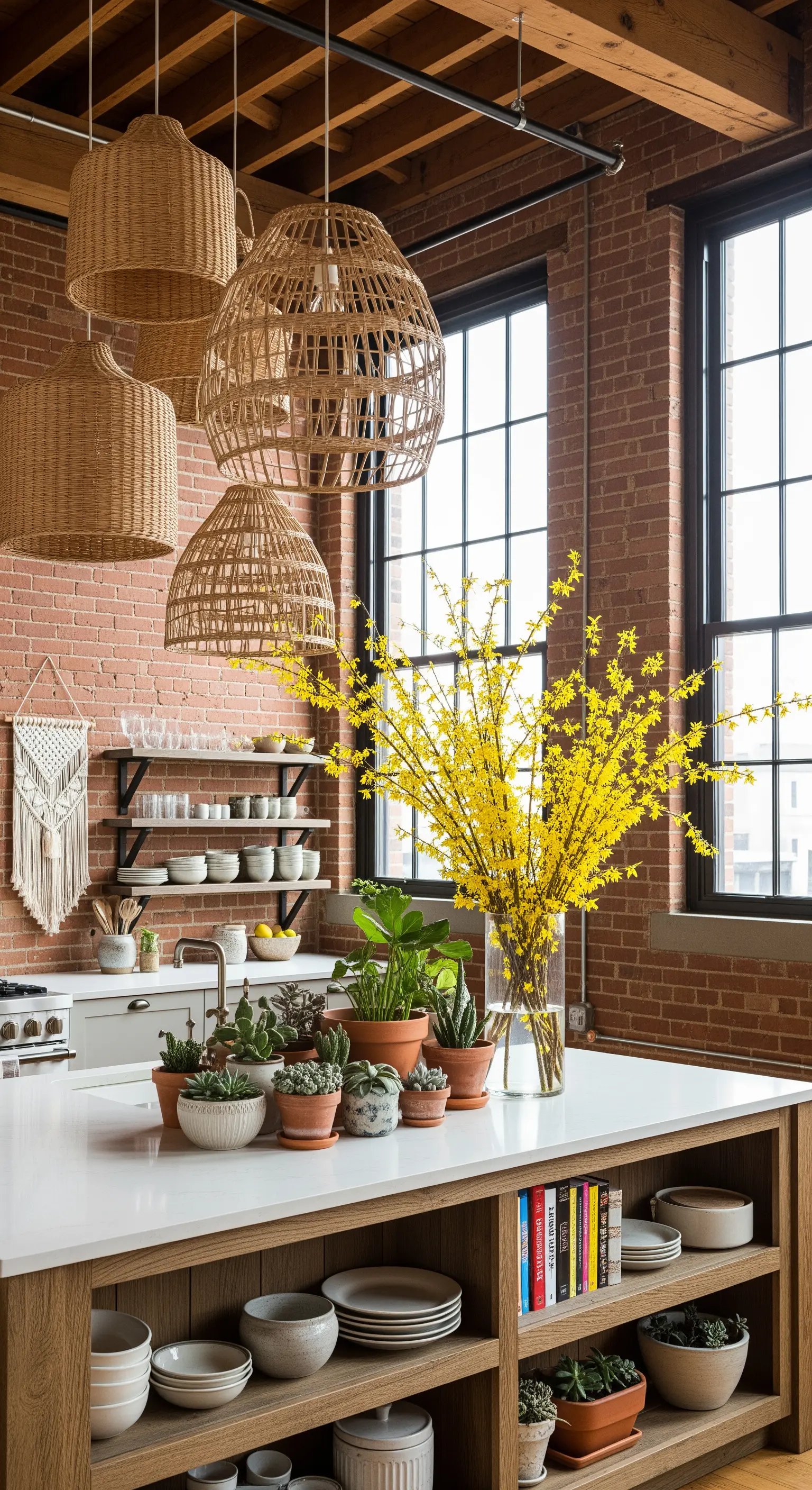 Weidenleuchten, Forsythien und Sukkulenten in einem Industrial-Boho-Loft