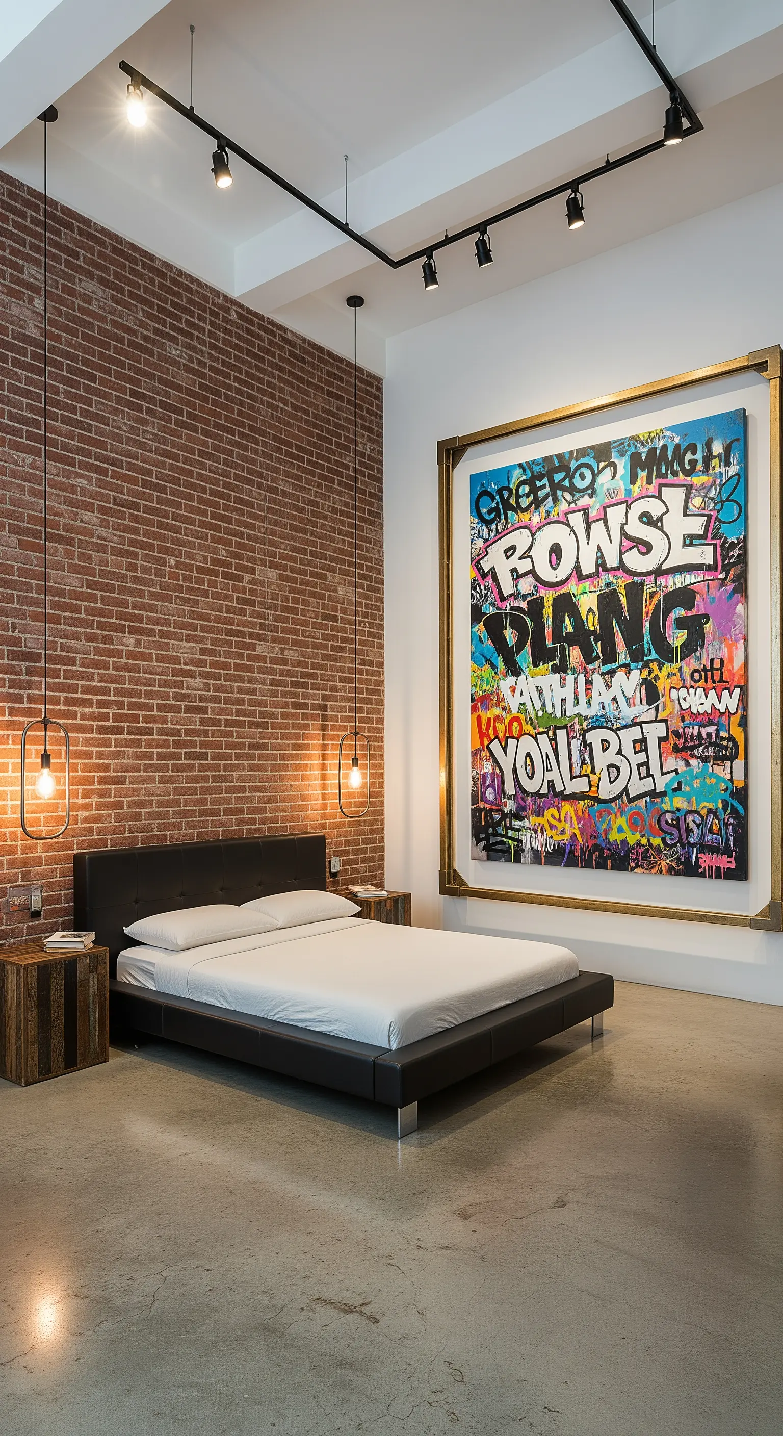 Loft-Schlafzimmer mit Backsteinwand und übergroßem Graffiti-Kunstwerk in Goldrahmen.