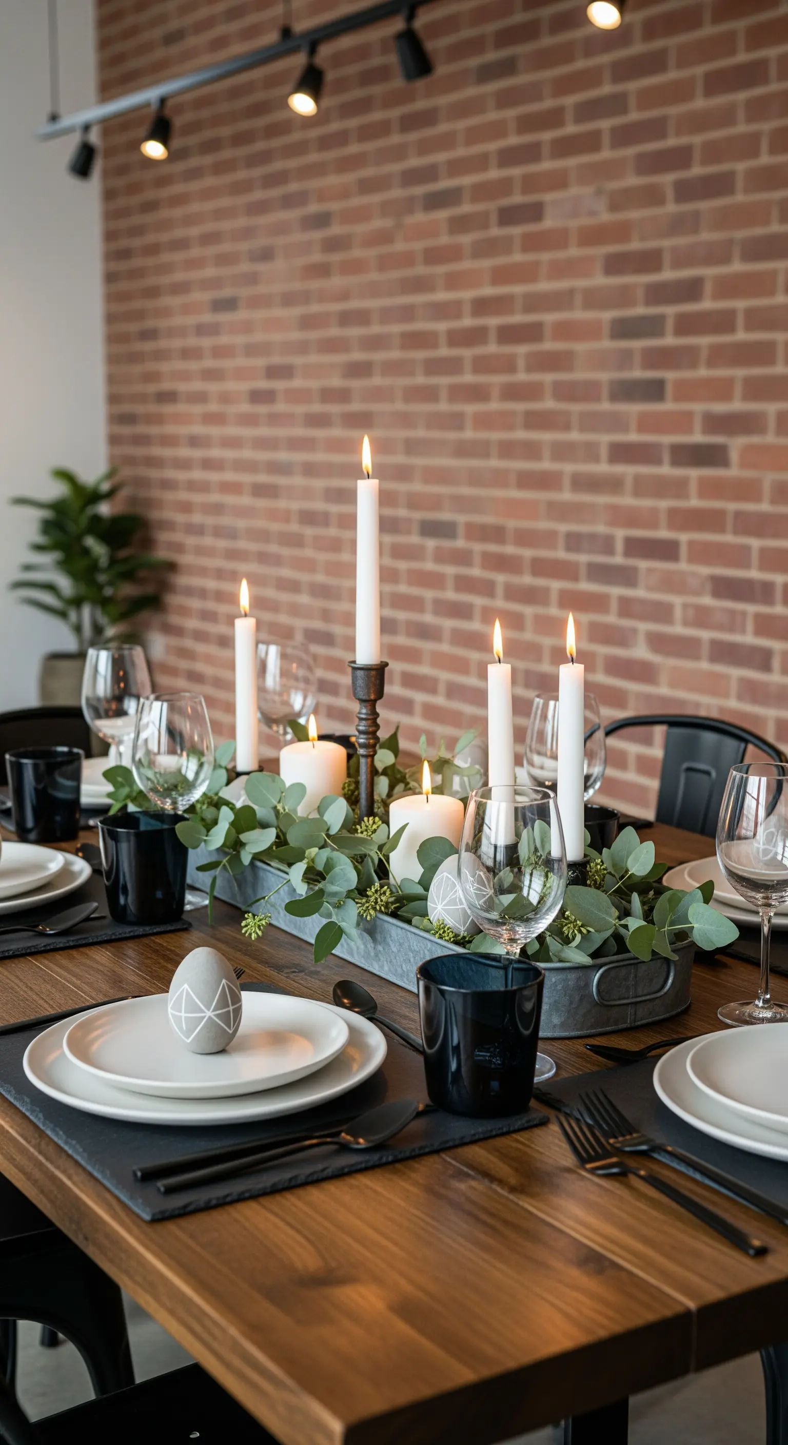 Industrial-Style Ostertisch mit Eukalyptus-Girlande und Kerzen vor einer Ziegelwand.