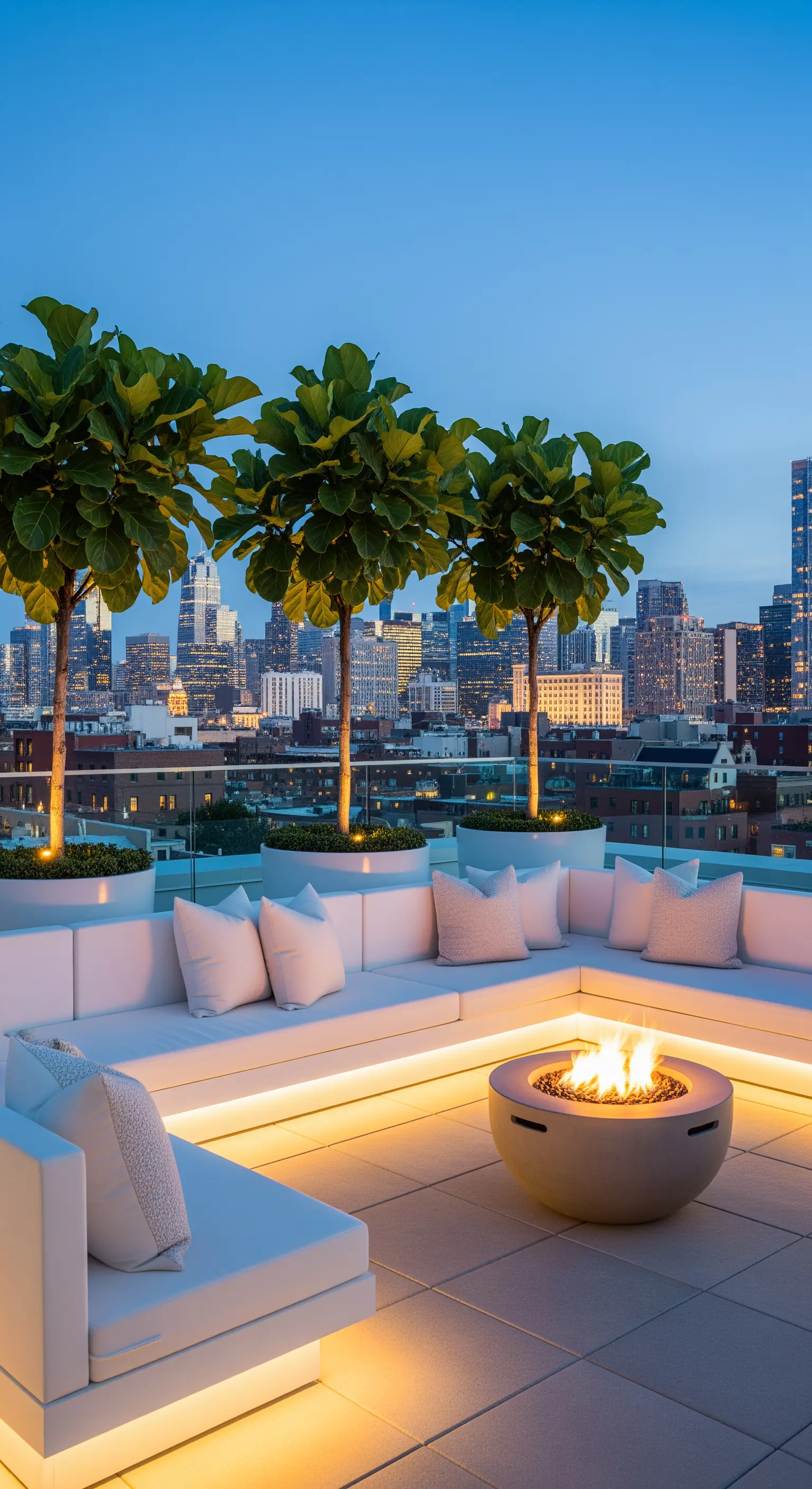 Dachterrasse mit weißer Couch, Feuerstelle, Stadtblick bei Dämmerung