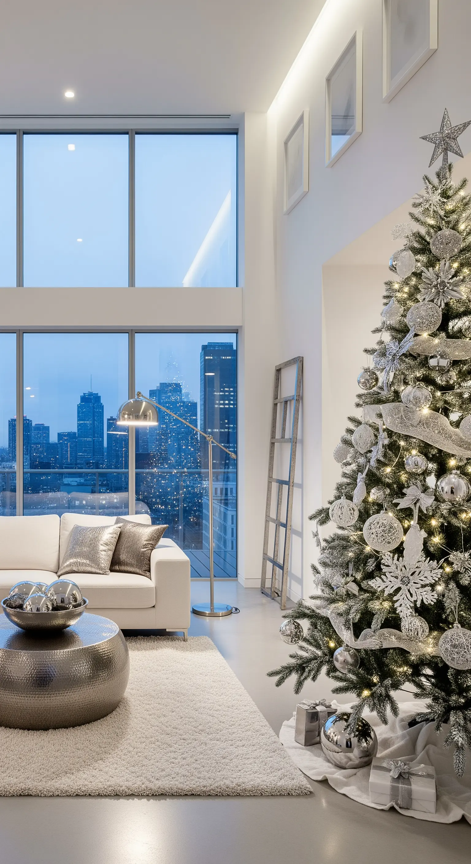 Opulent dekorierter Weihnachtsbaum in Silber und Weiß in modernem Apartment.