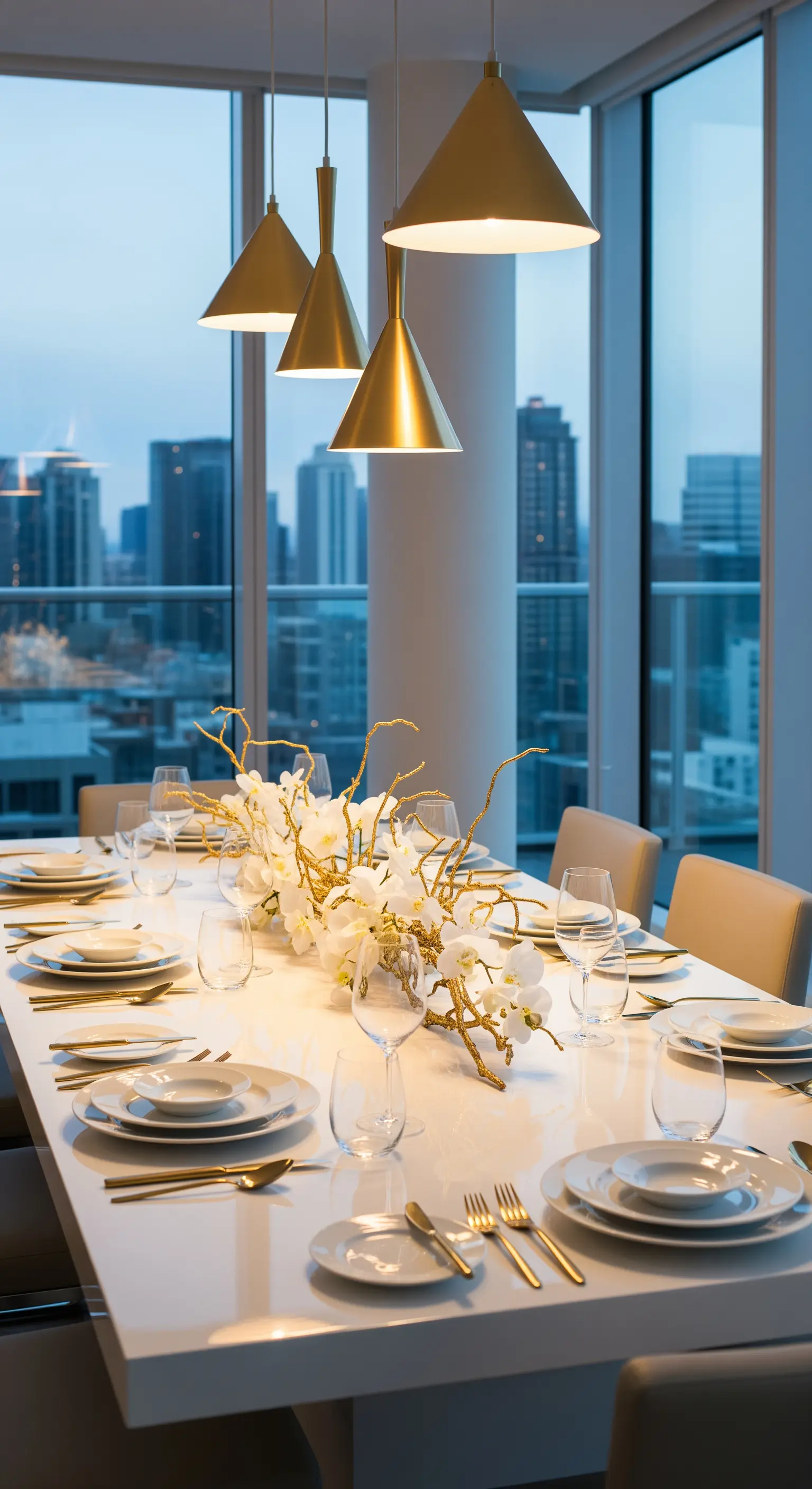 Moderner Essbereich mit goldenen Hängeleuchten und Orchideen-Centerpiece