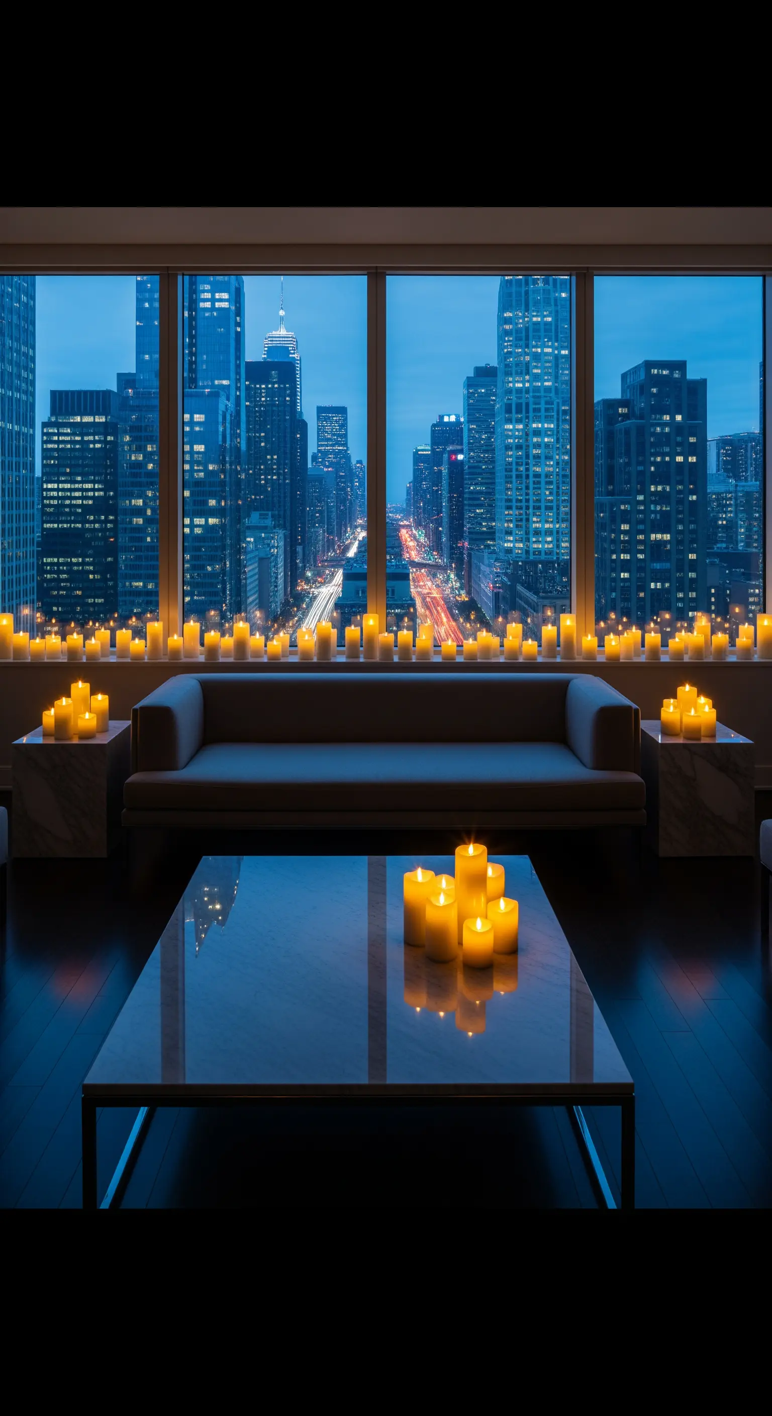 Wohnzimmer mit City-Blick, langer Reihe von Kerzen auf der Fensterbank
