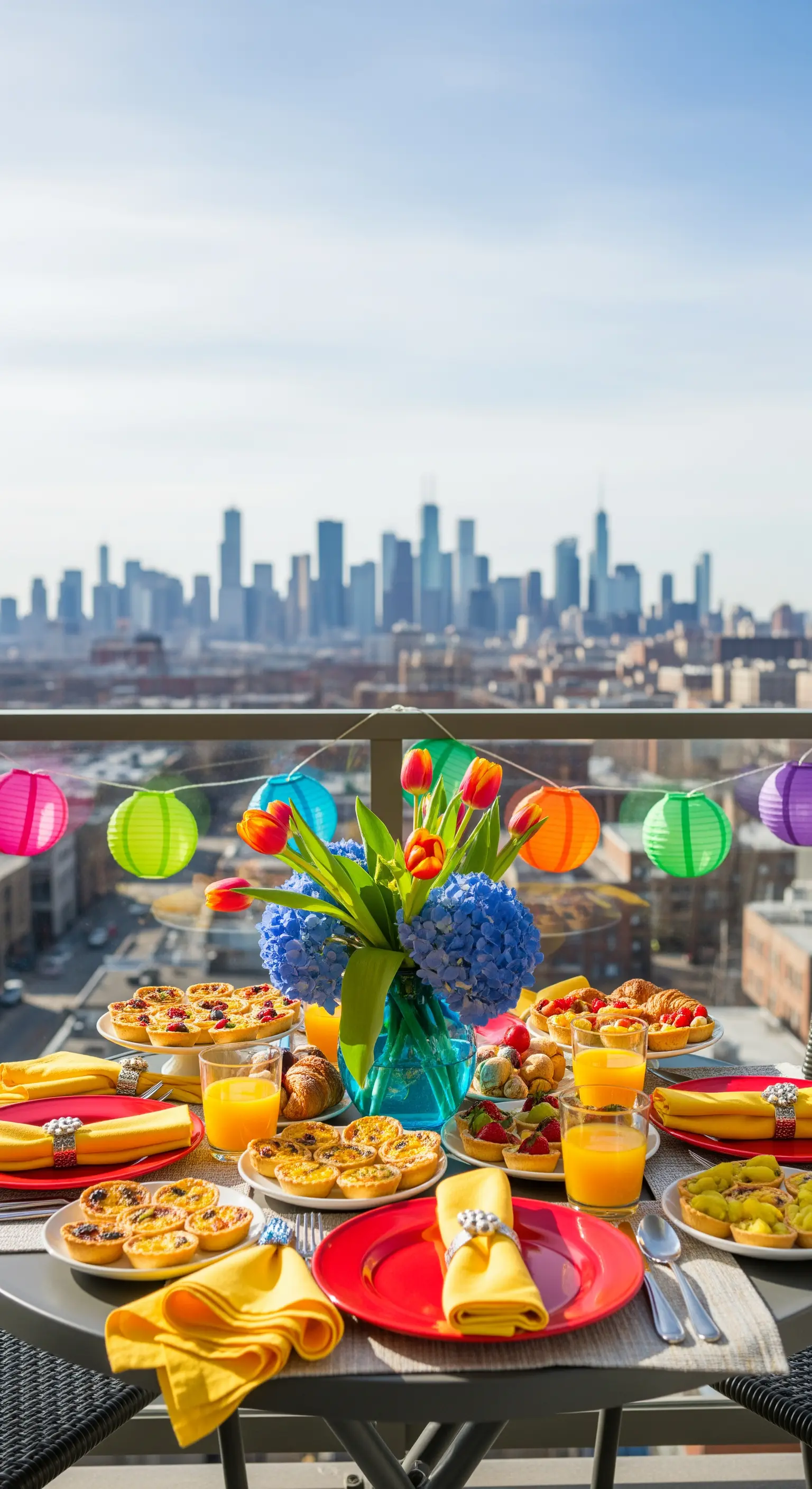 Dachterrasse mit Osterbrunch, bunten Tellern, Blumen, Papierlaternen und City-Skyline.