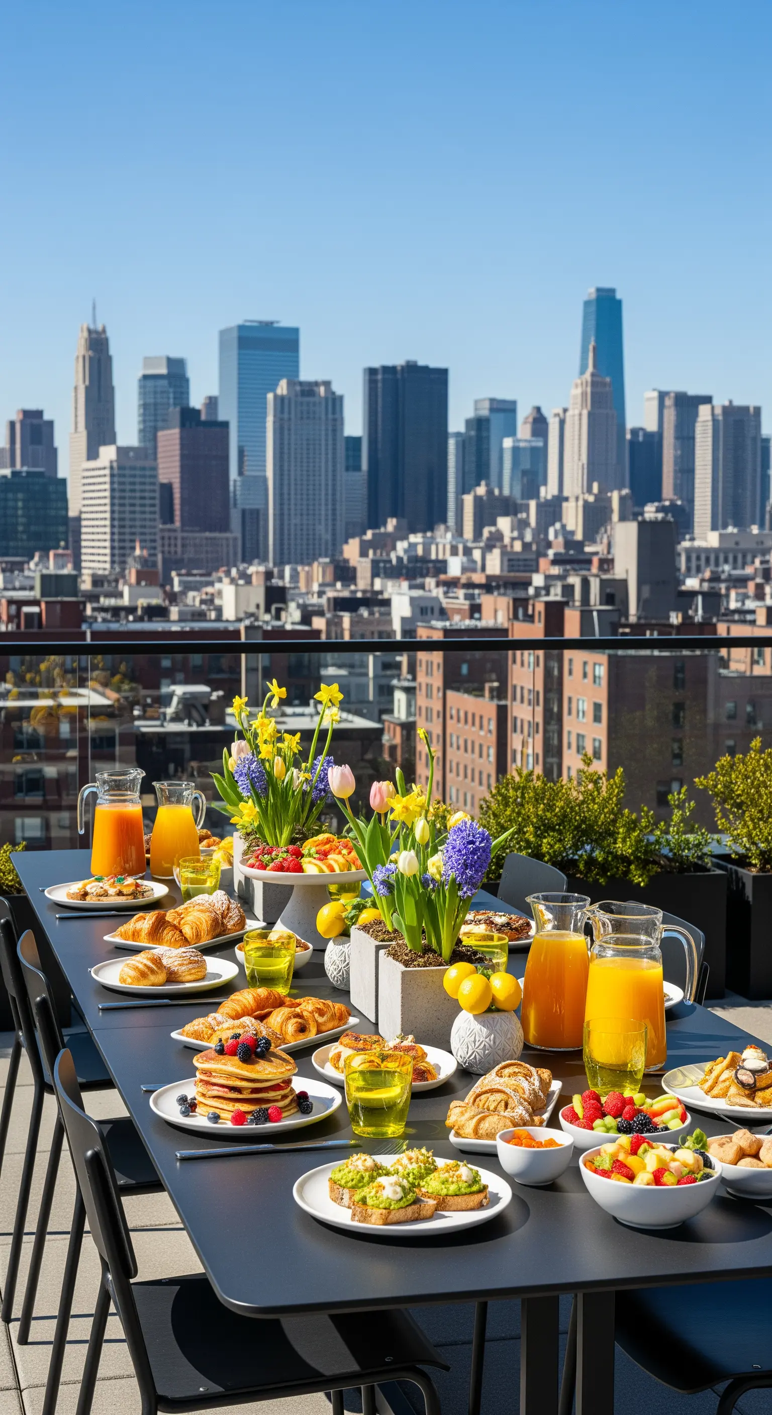 Dachterrassen-Brunch mit Stadtblick, modernem Tisch, Frühlingsblumen und Zitronen