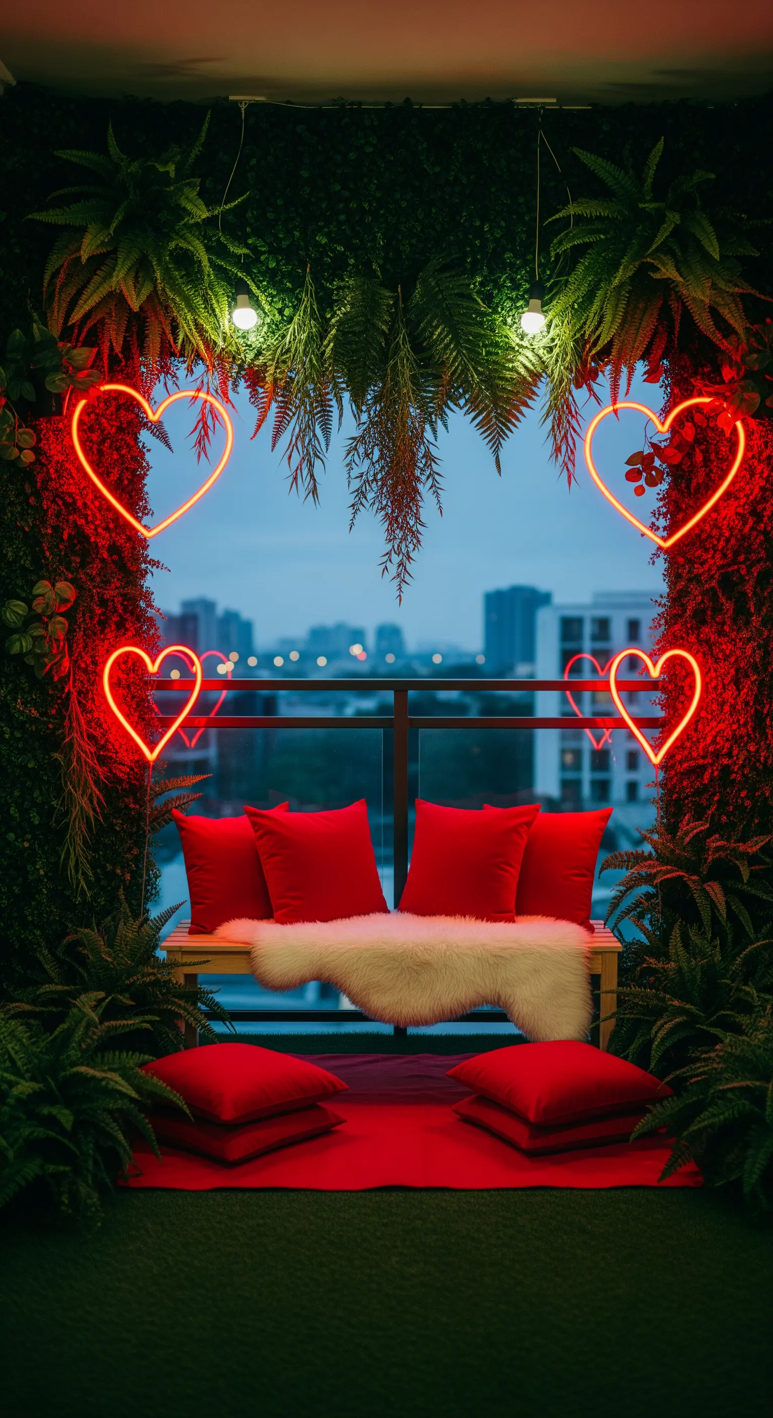 Urbaner Balkon mit grünen Pflanzenwänden, roten Neon-Herzen und roter Sitzbank.