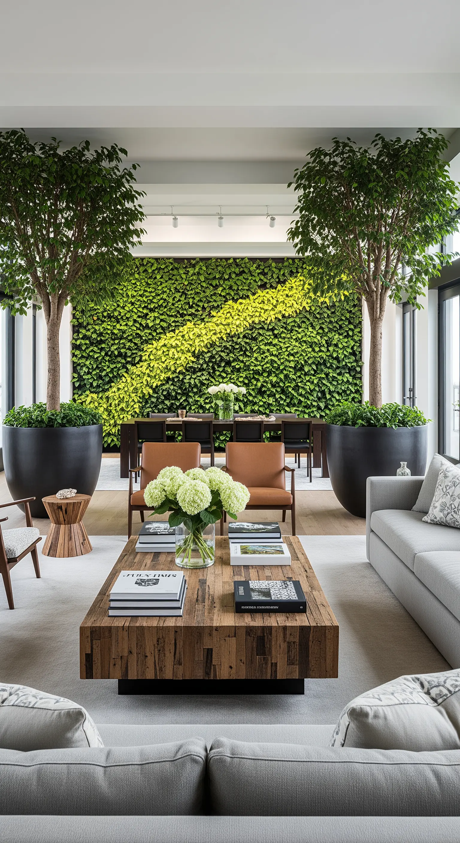 Wohnzimmer mit einer großen, lebenden grünen Wand und Indoor-Bäumen.