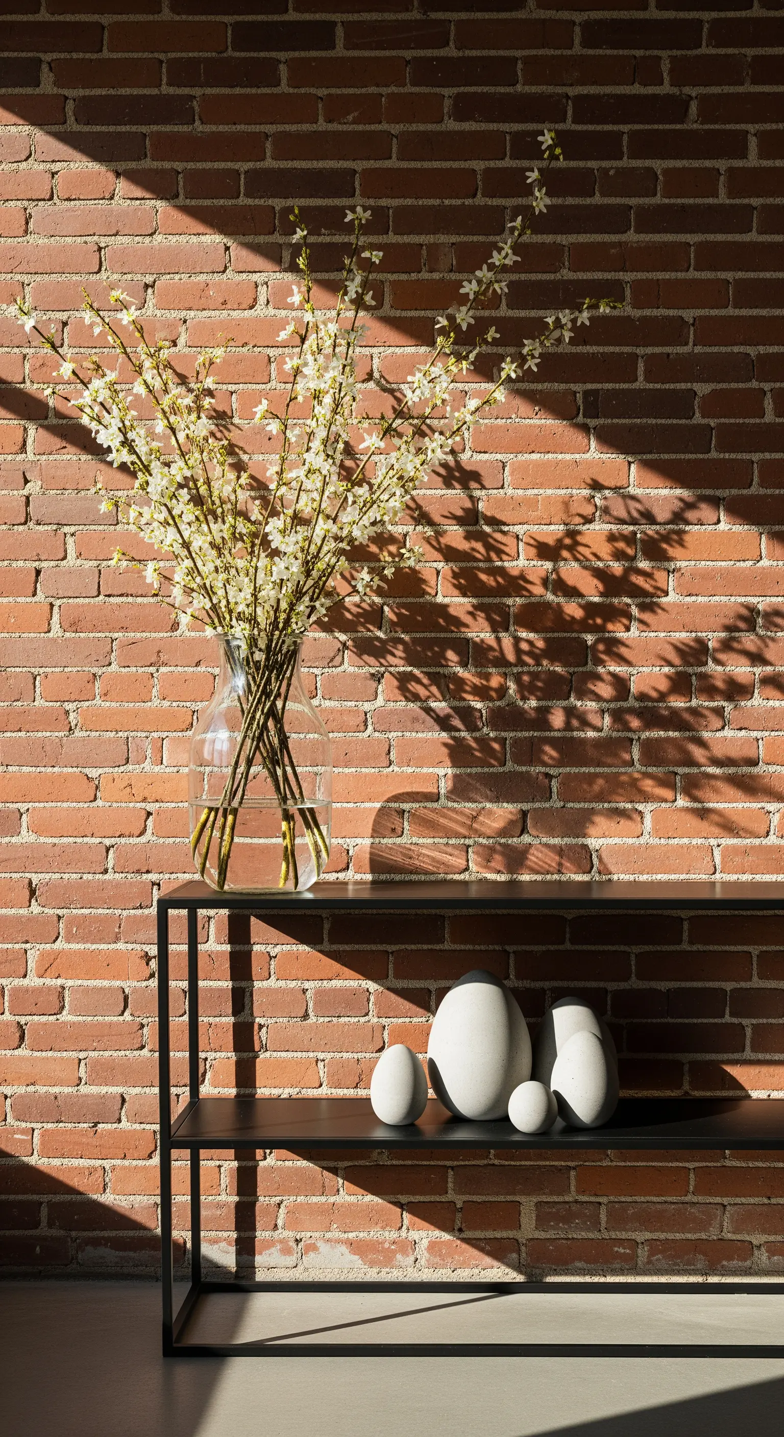 Osterdeko im Industrial-Stil mit Blütenzweigen und Betoneiern vor Ziegelwand.