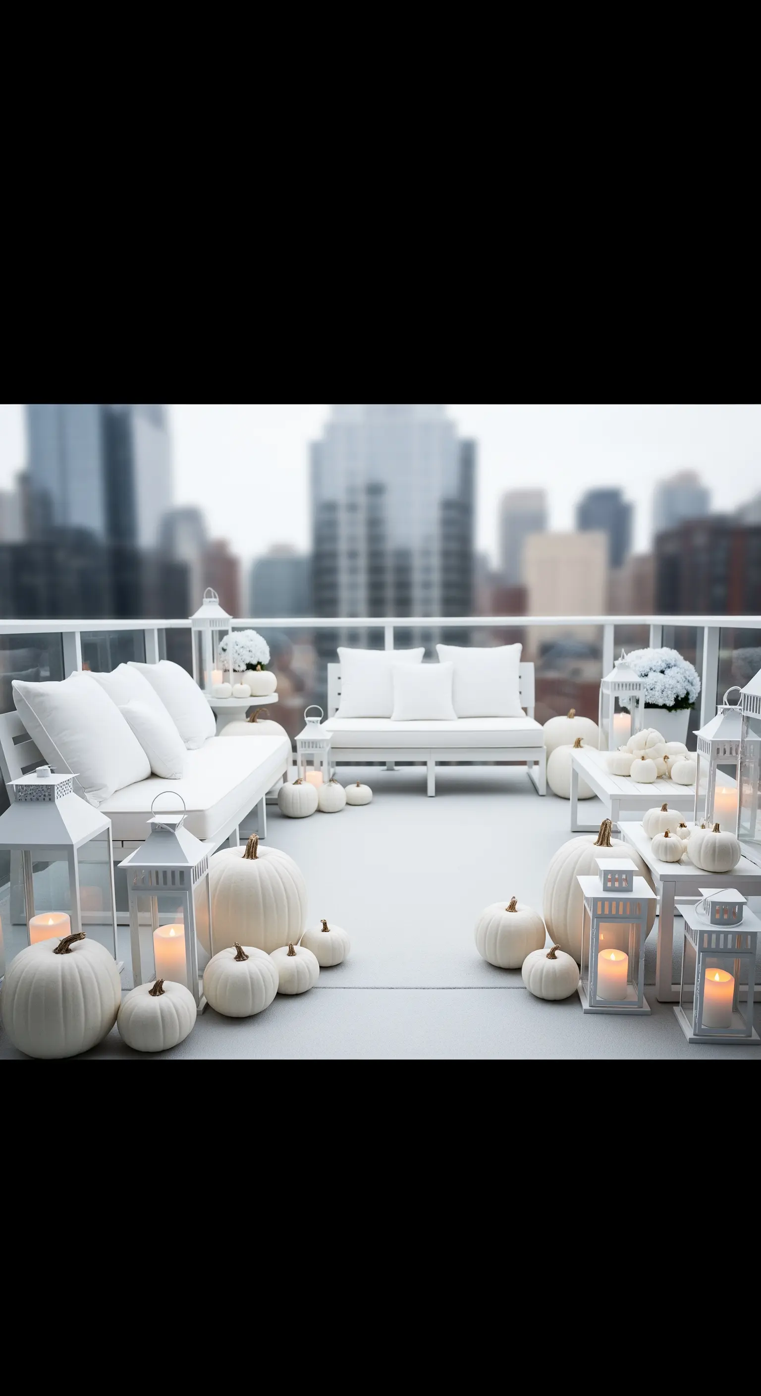 Dachterrasse mit weißen Loungemöbeln, weißen Kürbissen und Laternen