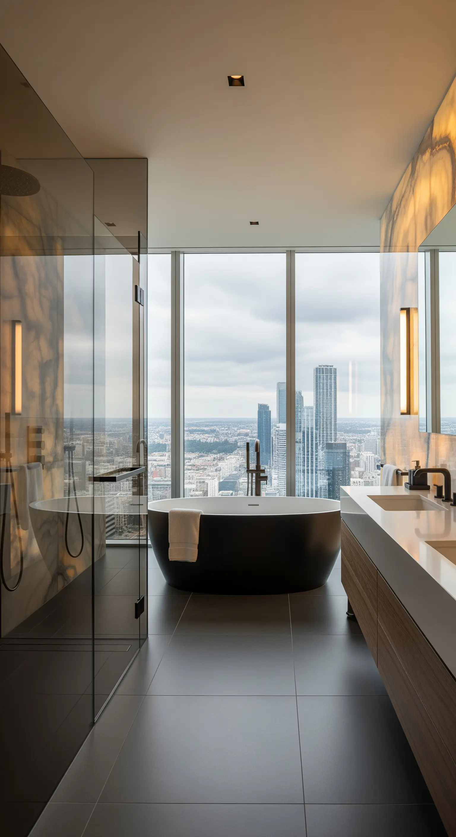 Luxusbad mit Stadtblick und einer spektakulär hinterleuchteten Onyx-Marmorwand