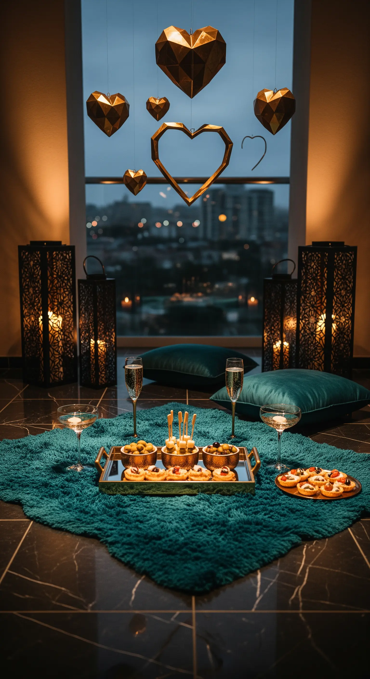 Glamouröser Balkon mit geometrischen Herzen, Laternen, Samtkissen und goldener Deko.