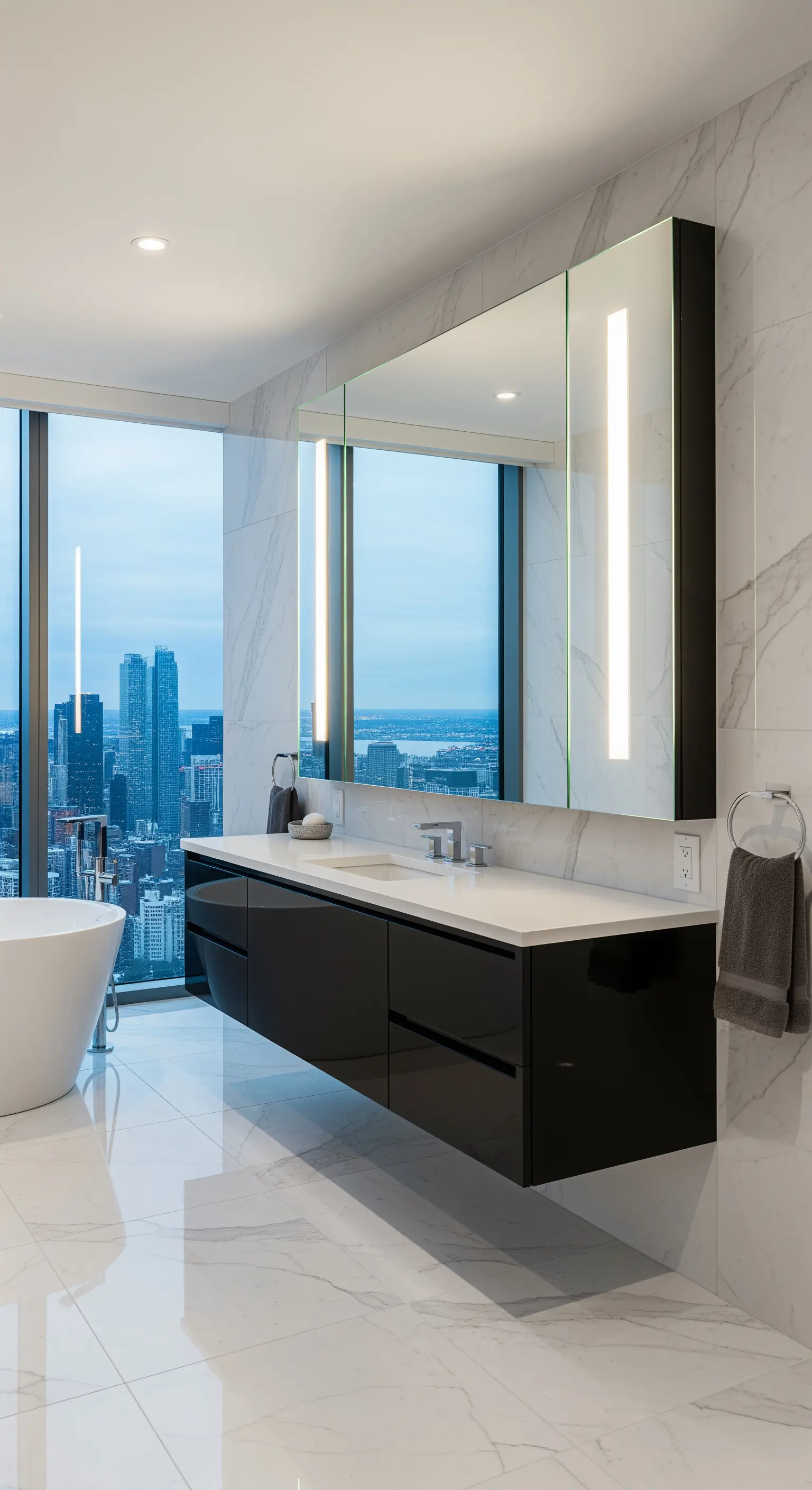 Großer Spiegelschrank mit vertikalen LED-Leuchten in einem Hochhaus-Badezimmer mit Stadtblick.