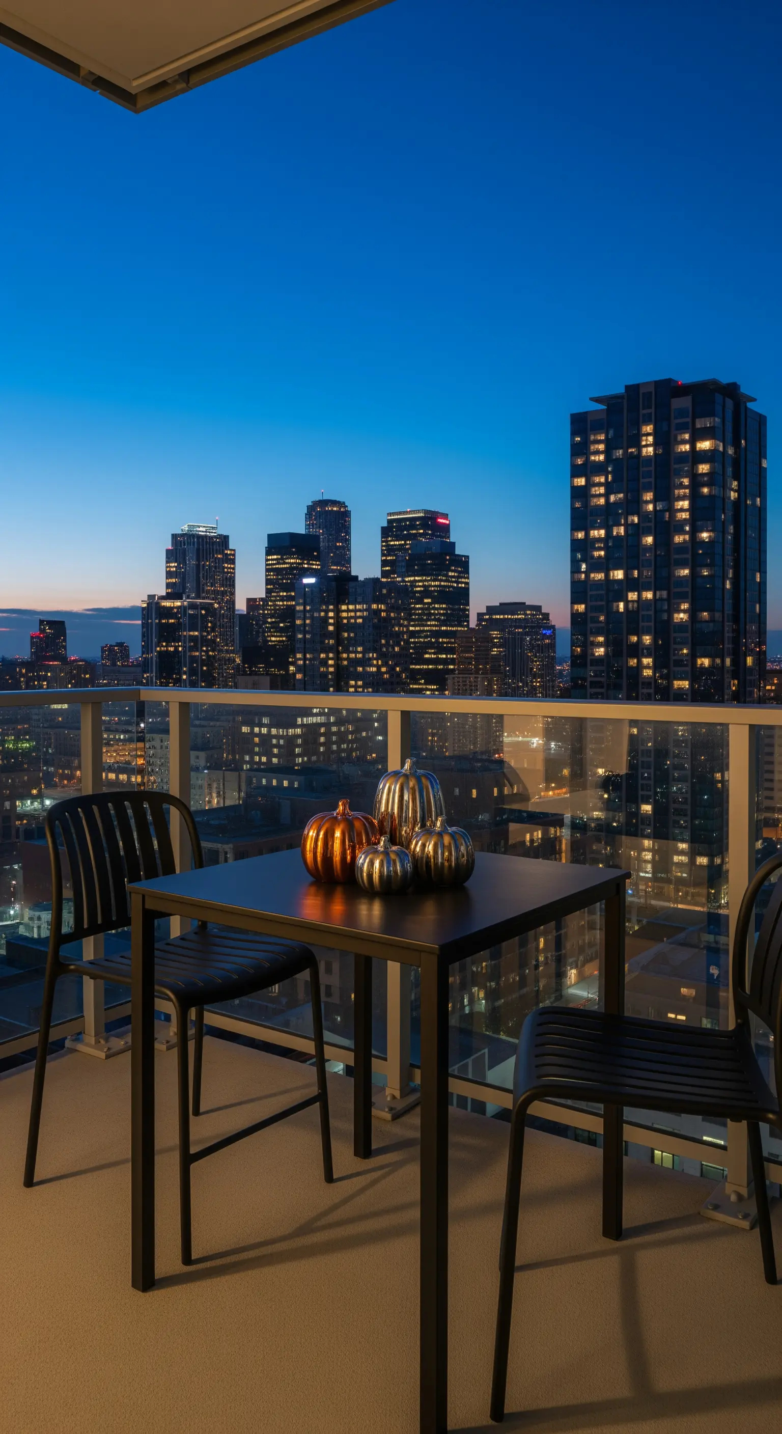 Balkon bei Dämmerung mit Stadtblick, Tisch und drei metallischen Keramikkürbissen.