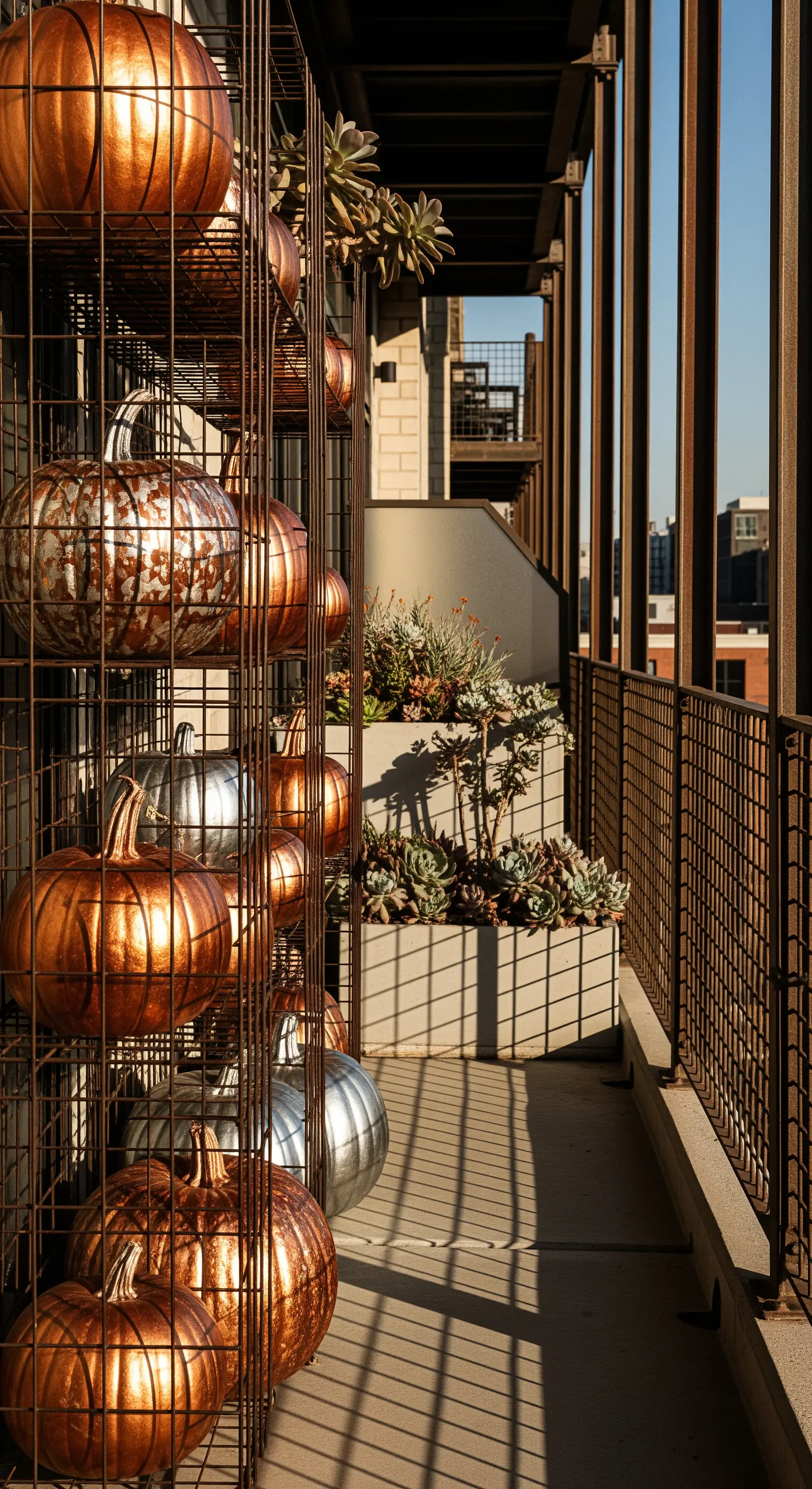 Industrieller Balkon mit Metallregal, kupfer-, silberfarbenen Kürbissen, Sukkulenten