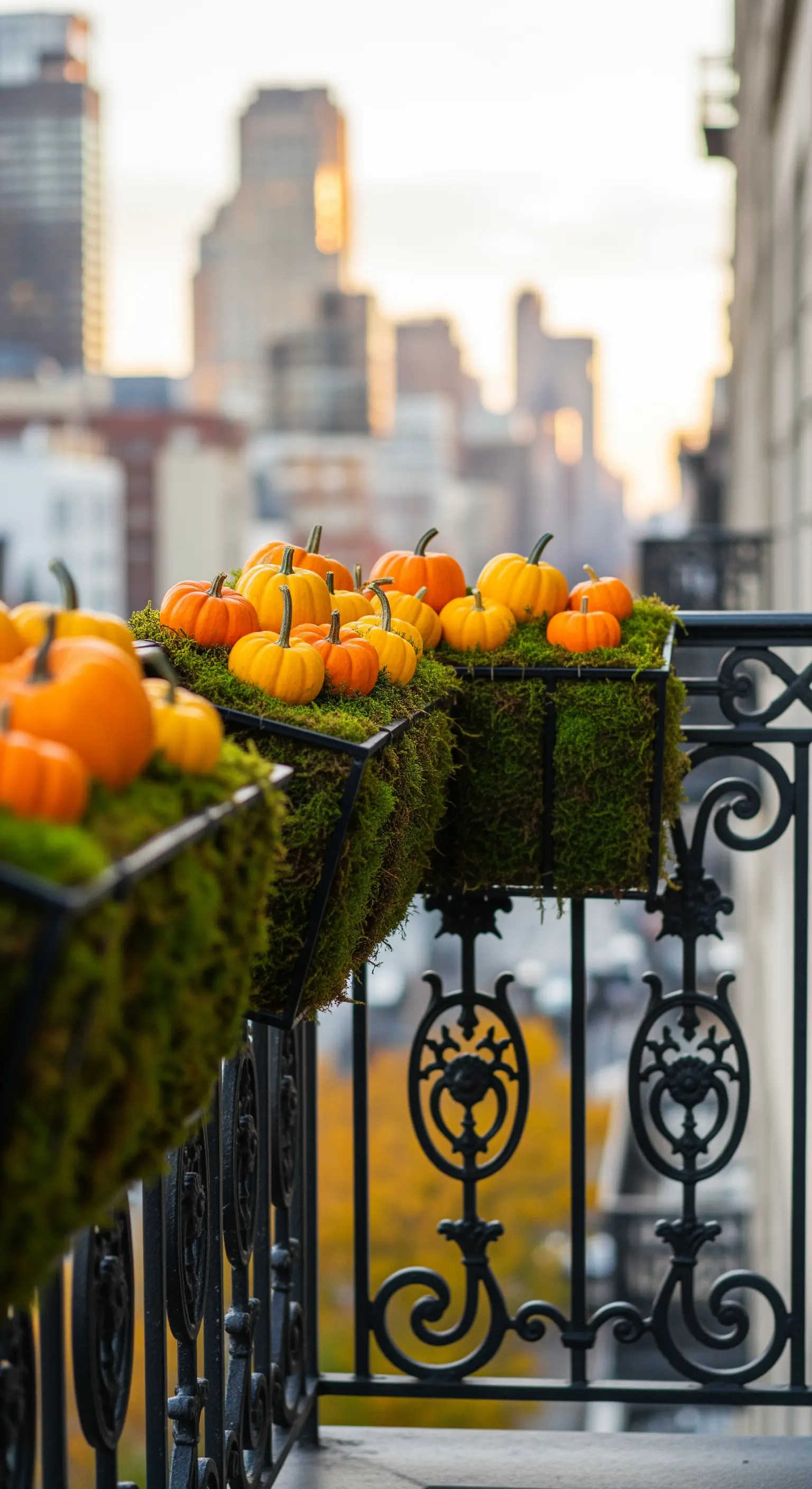 Stadtbalkon mit Ziergeländer, Mooskästen voller Mini-Kürbisse