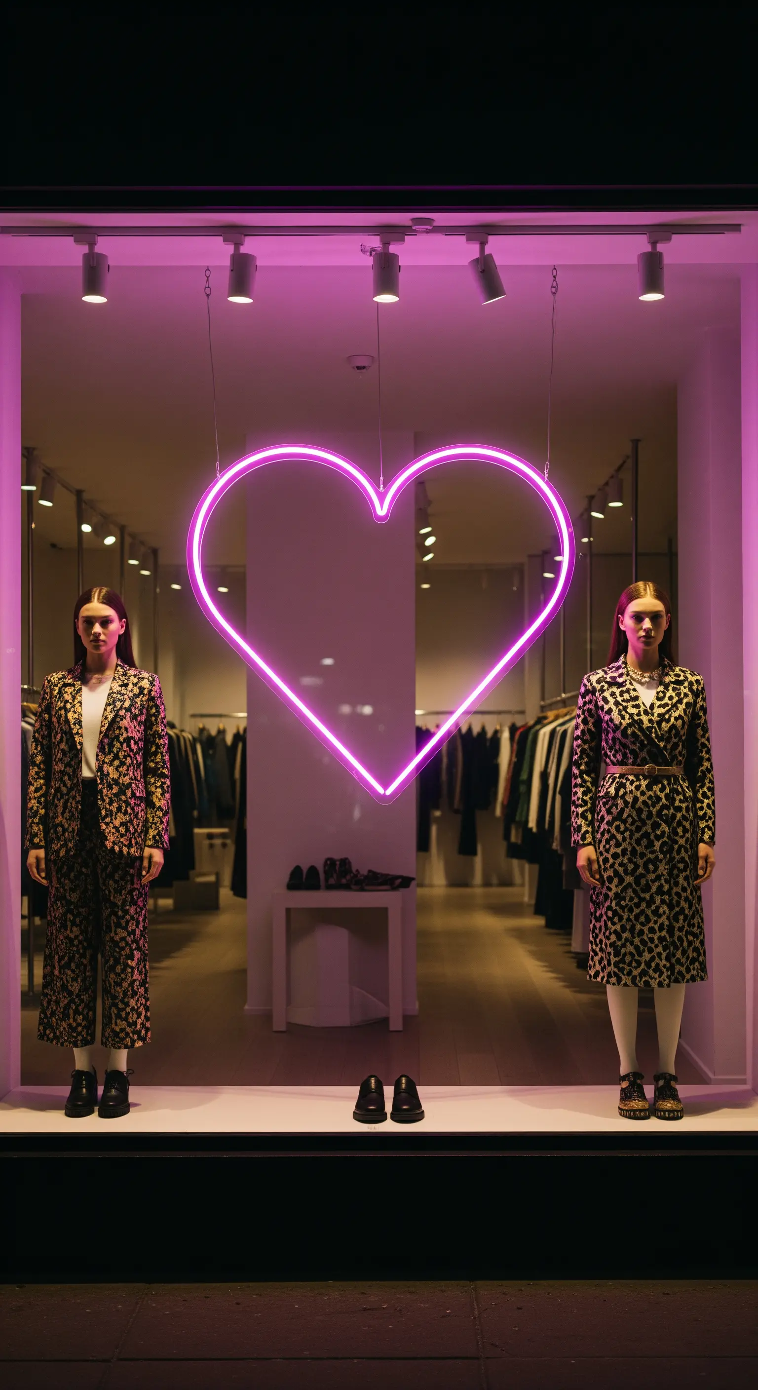 Großes, pink leuchtendes Neon-Herz in einem modern gestalteten Schaufenster bei Nacht.