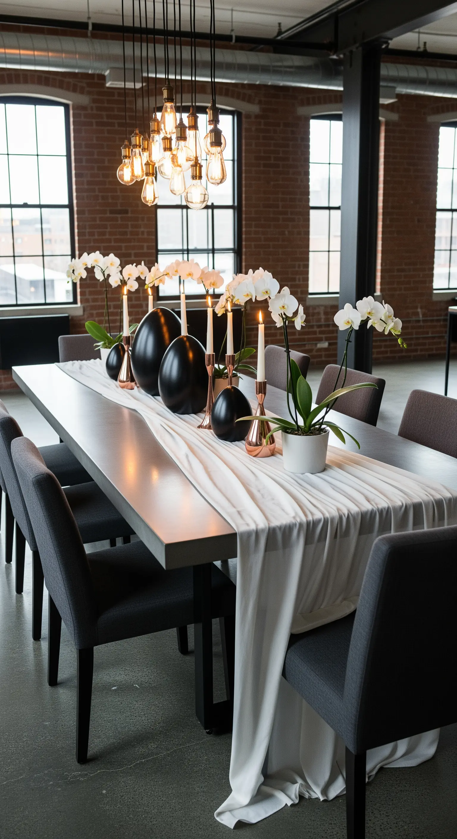 Industrial-Chic Ostertafel mit Betonoptik-Tisch, dunklen Dekokugeln und Orchideen