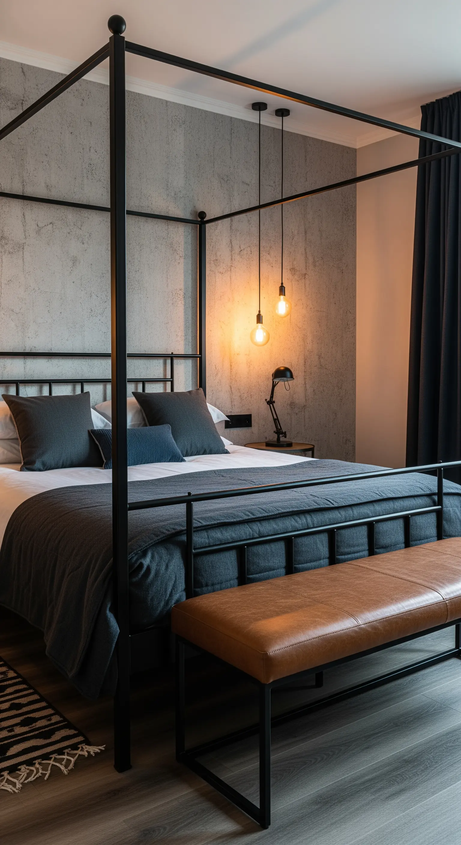 Schlafzimmer im Industrial-Stil mit Betontapete und schwarzem Metallbett.