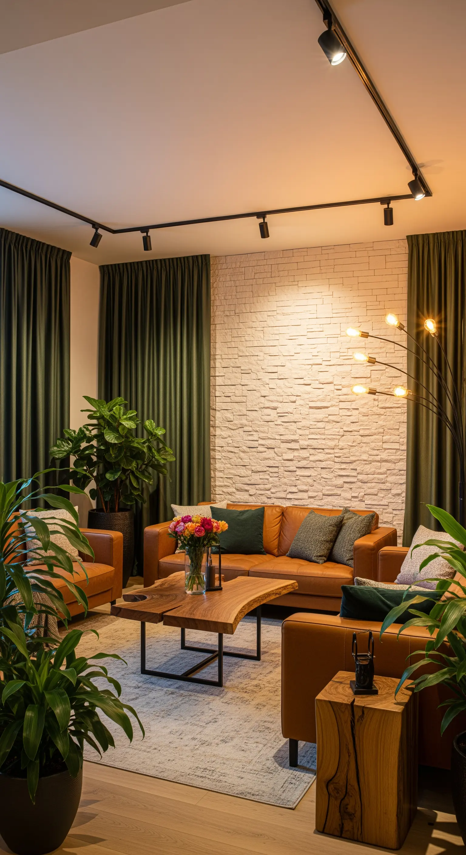 Modernes Wohnzimmer mit Klinkerwand, Ledersofa und dunkelgrünen Vorhängen.