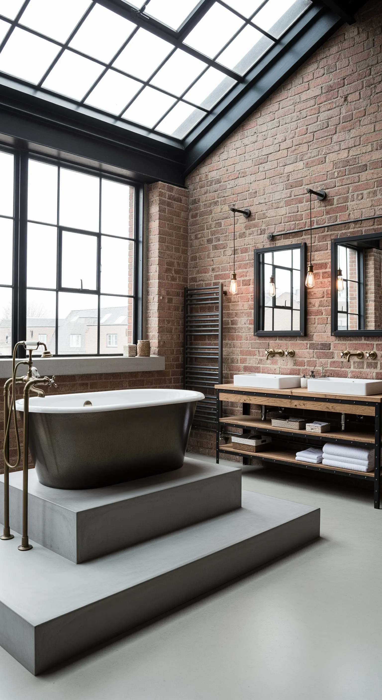 Freistehende Badewanne auf einem schlichten Beton-Podest in einem Bad im Industrie-Stil