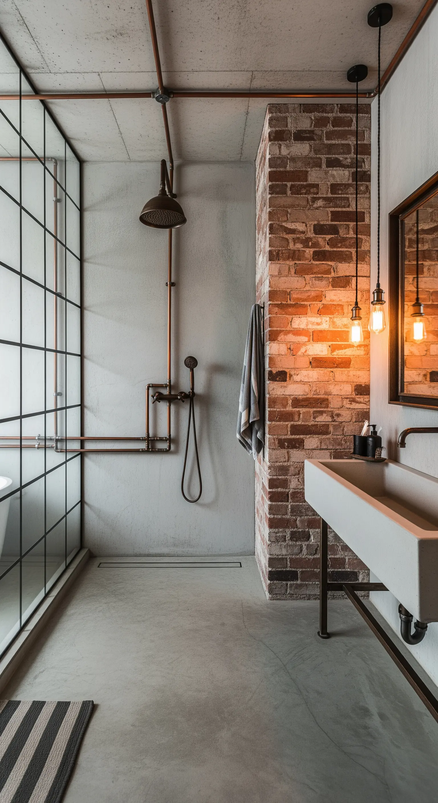 Industrielles Badezimmer mit Ziegelwand, Sichtbeton und Kupferrohren
