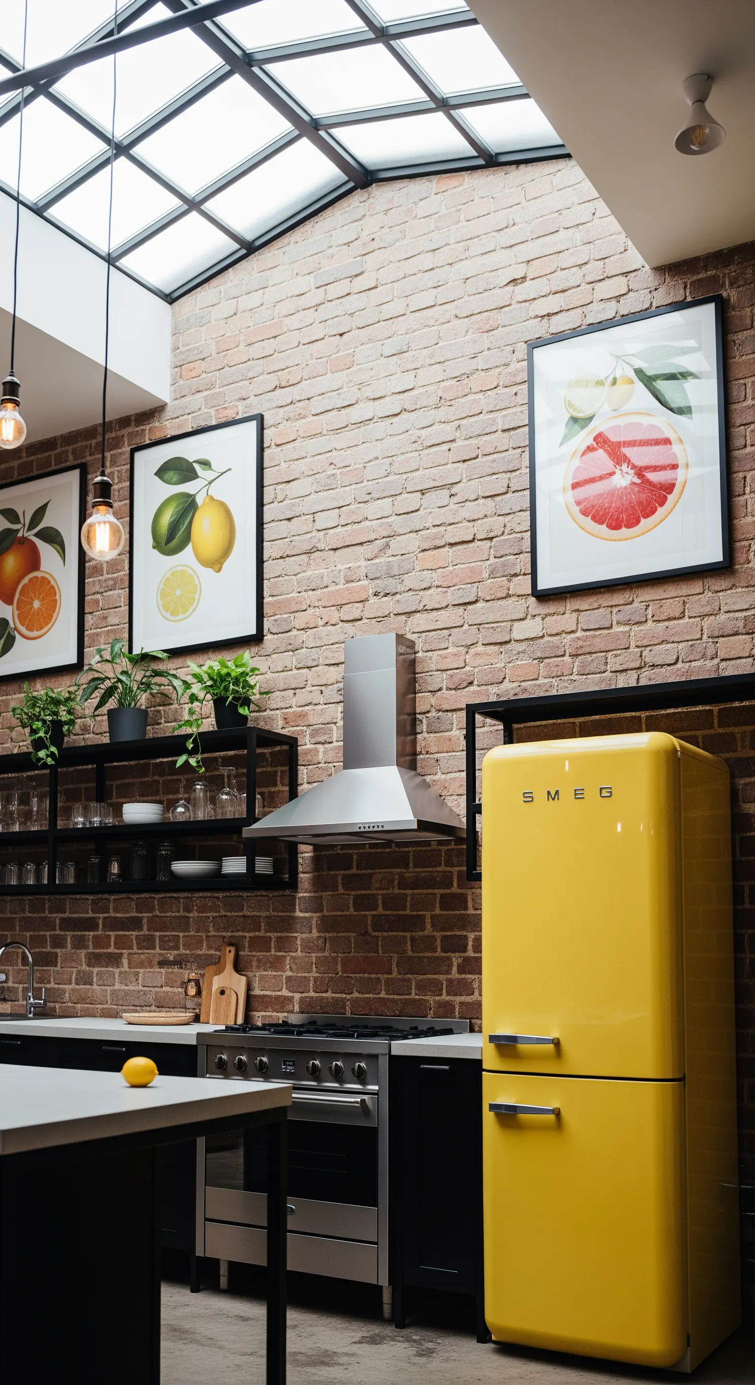 Gelber SMEG Kühlschrank in einer Küche mit Backsteinwand
