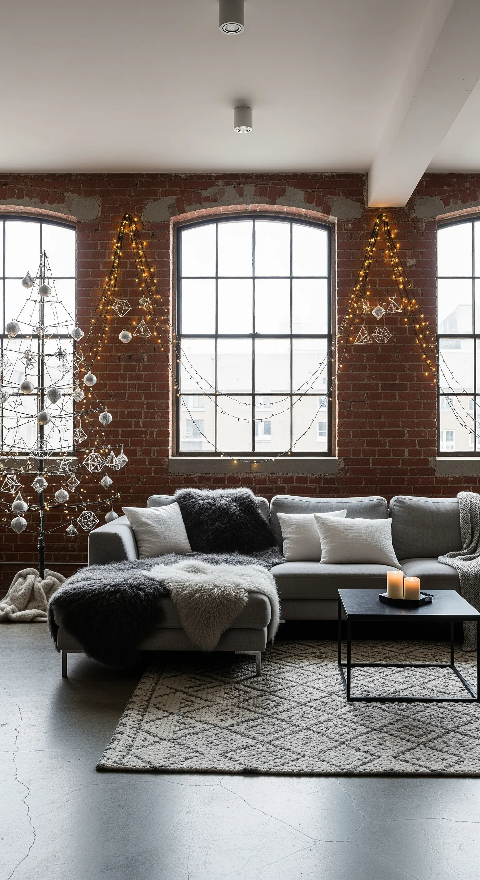 Loft-Wohnzimmer mit Ziegelwand, modernem Weihnachtsbaum, Lichterketten an Fenstern und kuscheliger Couch.