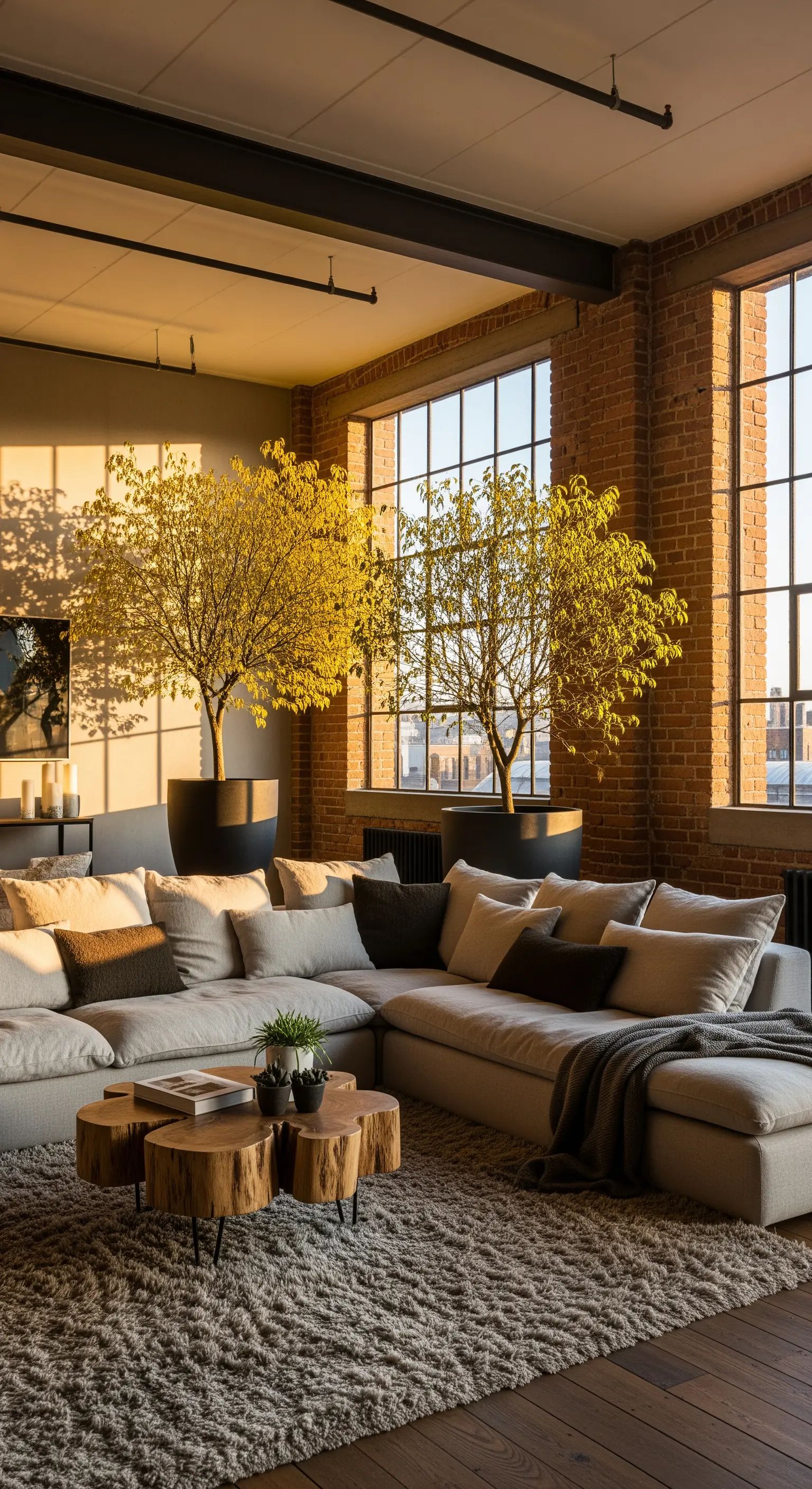 Loft Wohnzimmer, gelbe Bäume, Holz Couchtische, großes Sofa