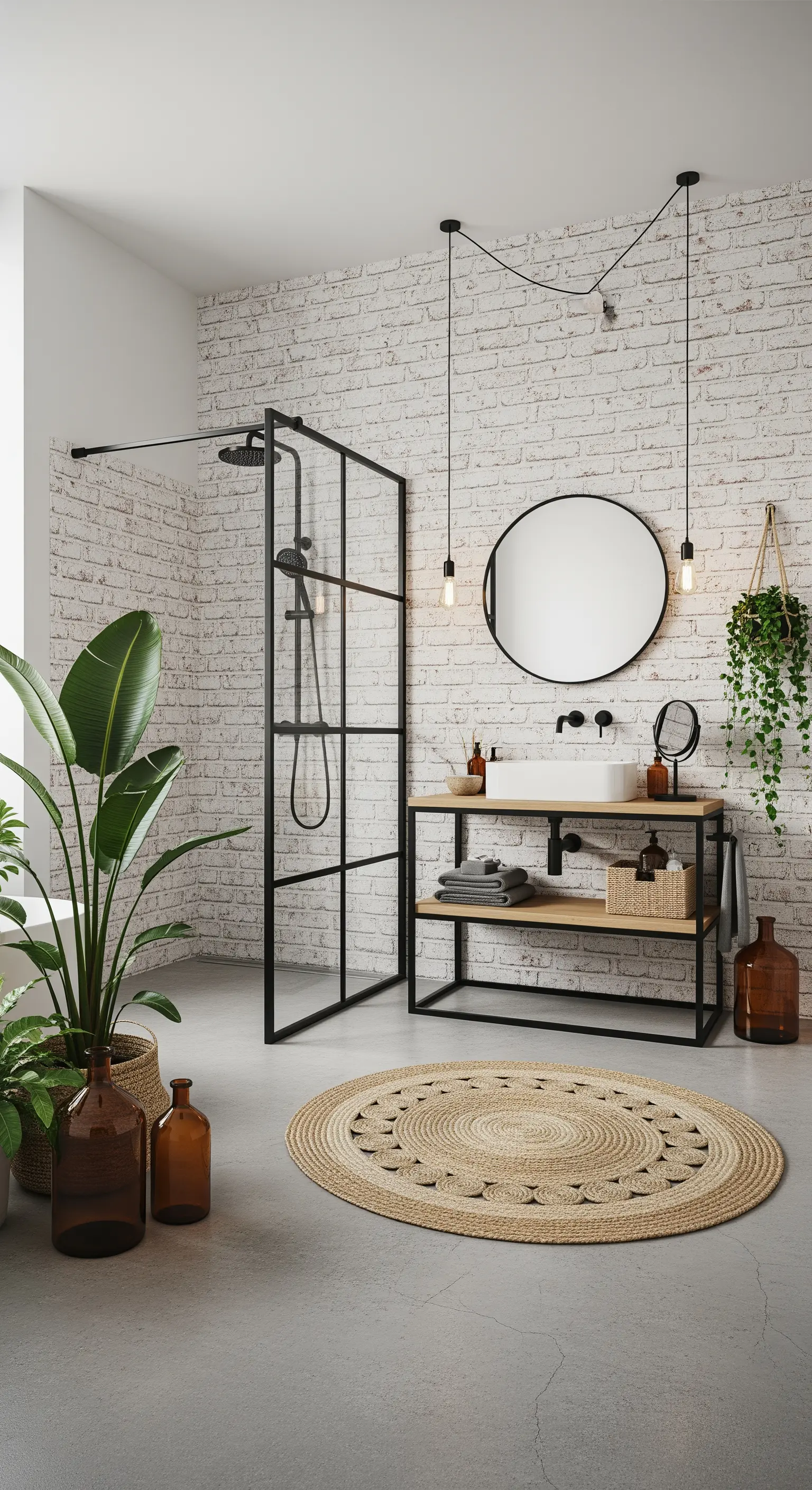 Badezimmer im Industrial-Look mit Backsteinwand und schwarzer Duschabtrennung.