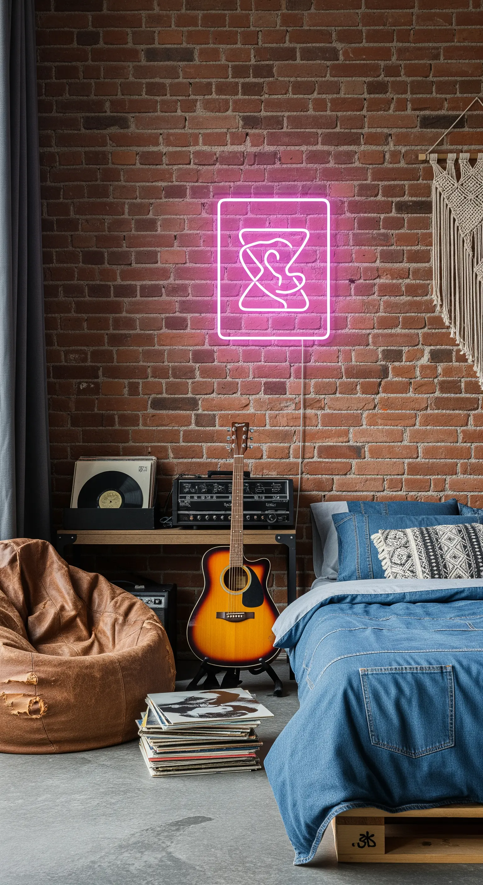 Zimmer mit Backsteinwand, Neon-Schild, Leder-Sitzsack und Jeans-Bettwäsche