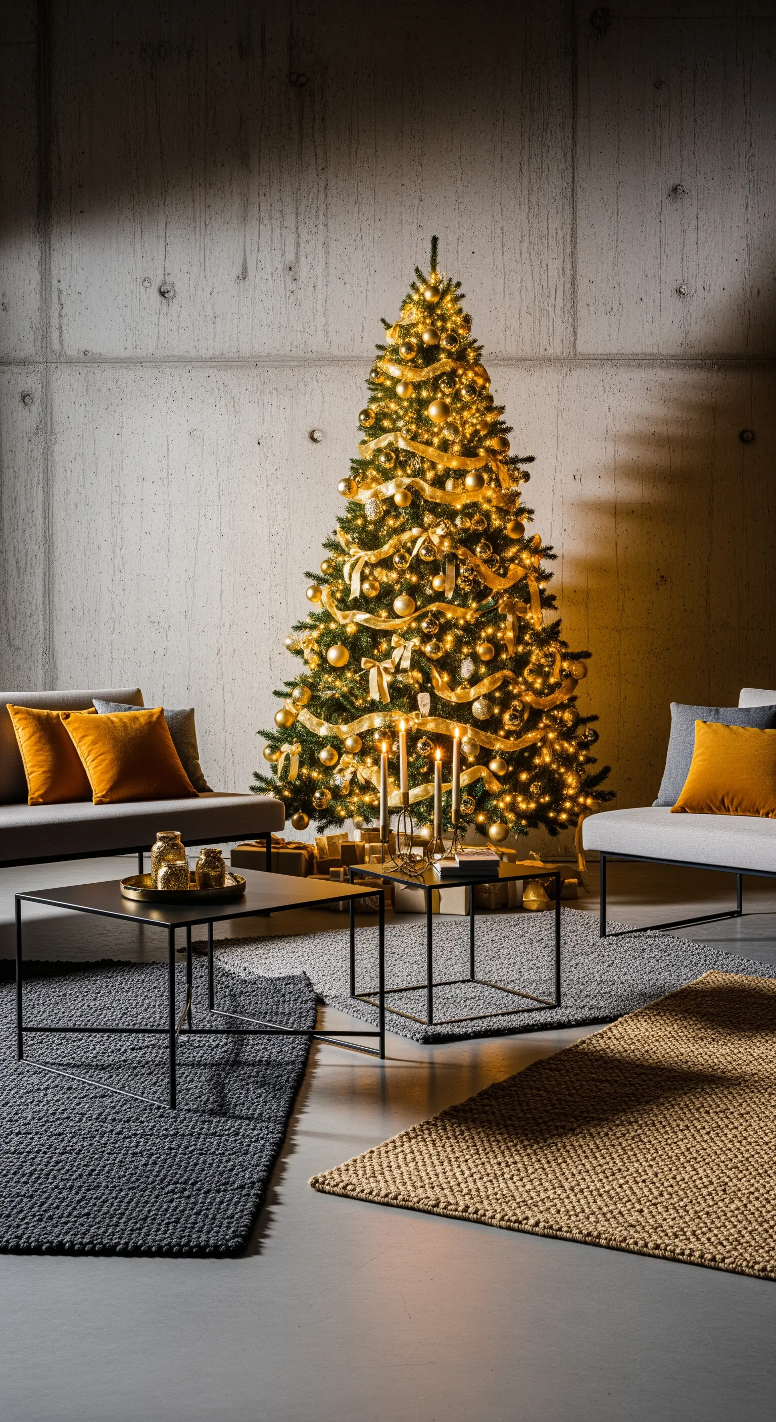 Urbaner Weihnachtslook, Sichtbeton, goldener Baum, graue Sofas