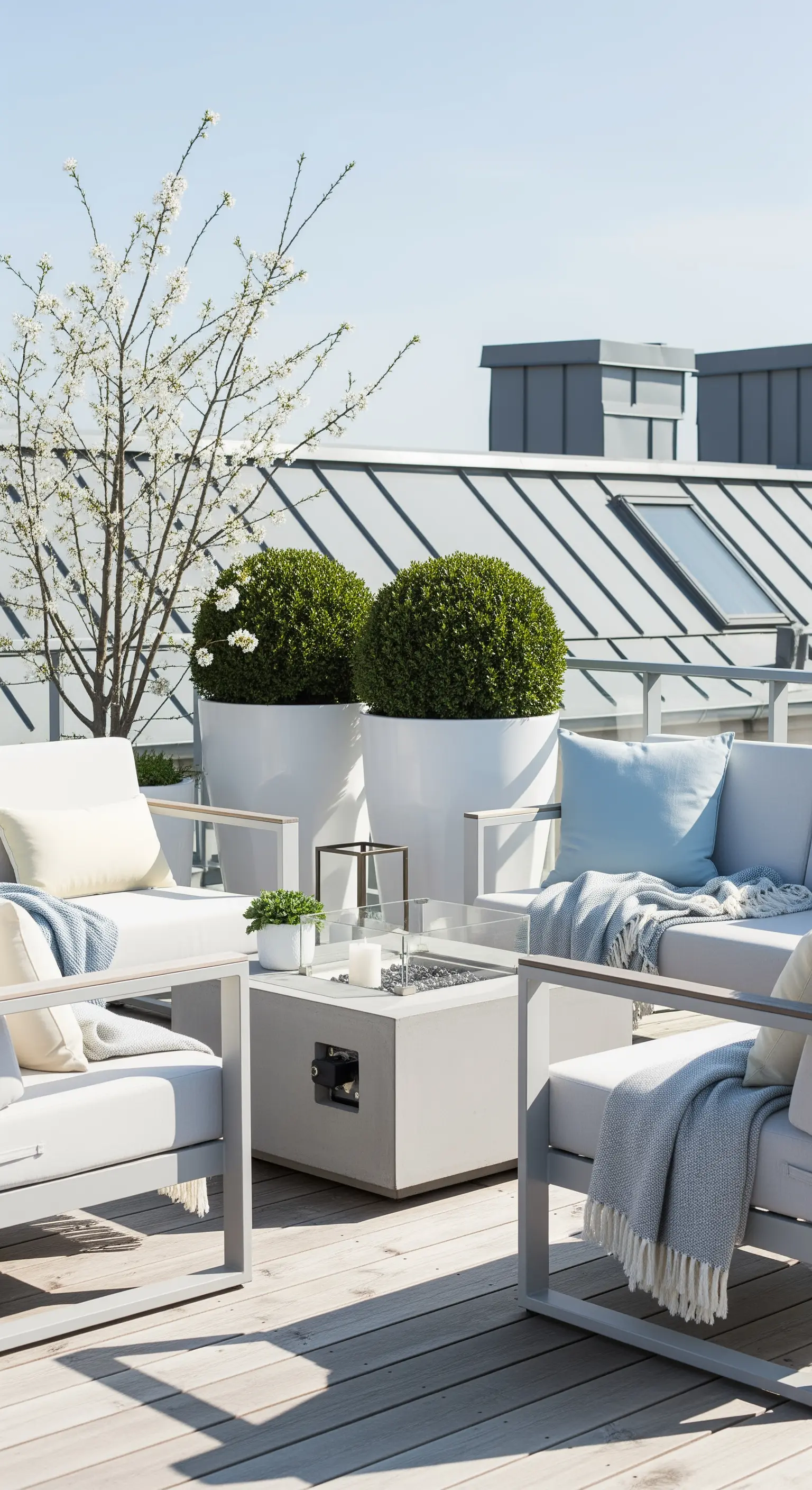 Moderne Dachterrasse mit weißen Loungemöbeln und großen Pflanzkübeln.