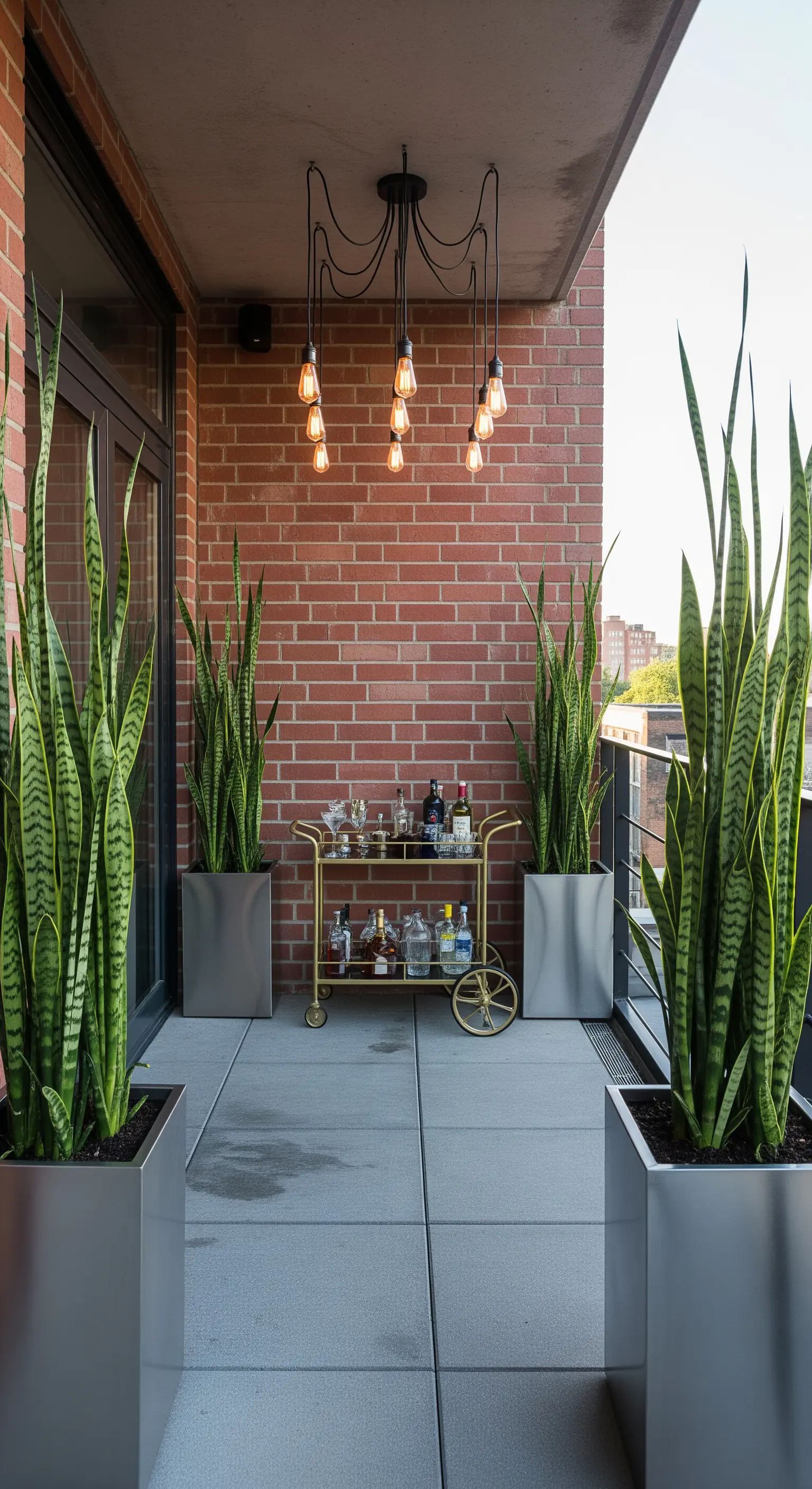 Schmaler Stadtbalkon mit hohen Pflanzkübeln, einem goldenen Barwagen und einer industriellen Hängelampe.