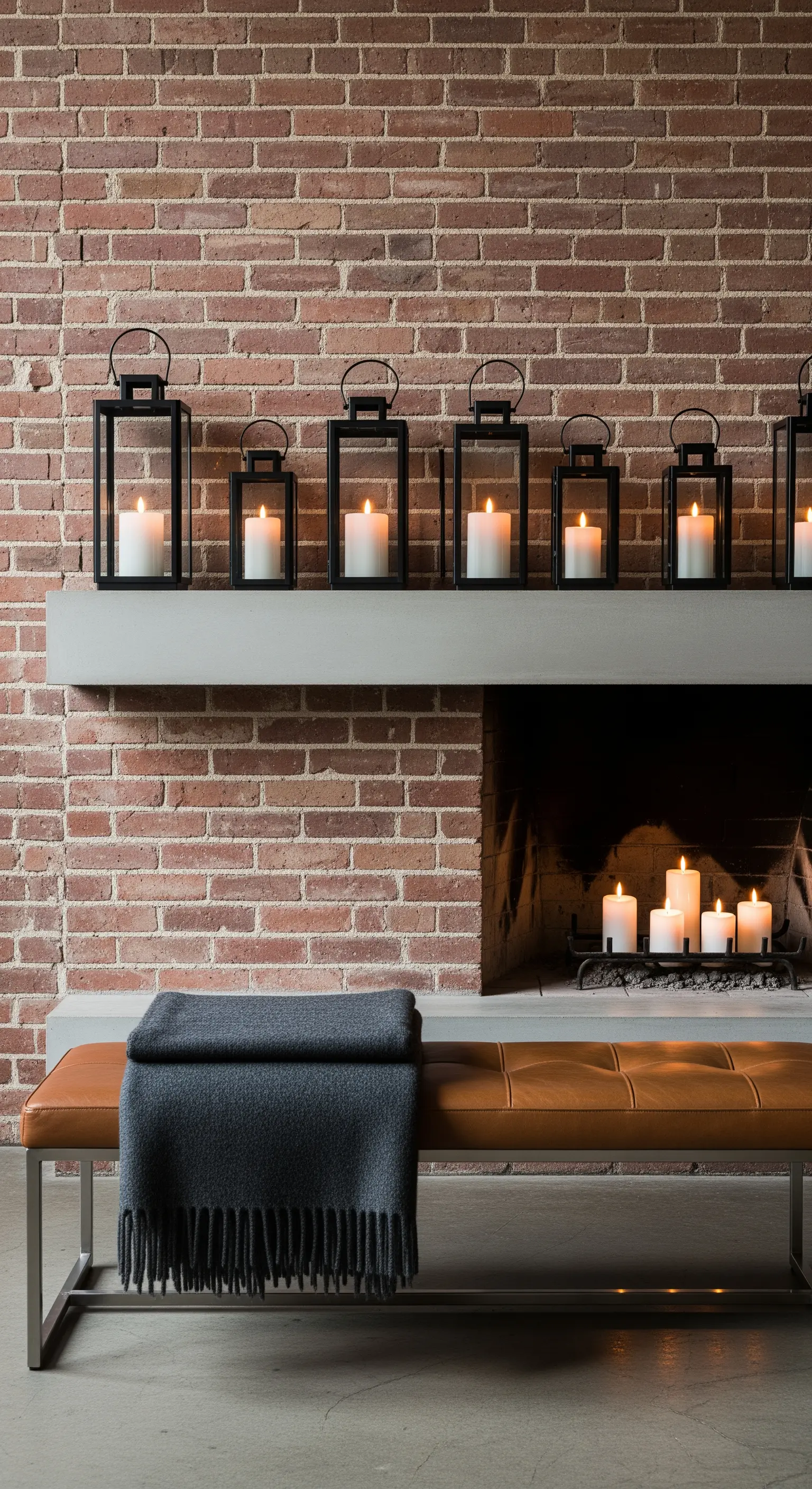 Backsteinkamin mit einer Reihe schwarzer Laternen auf einem Betonsims.