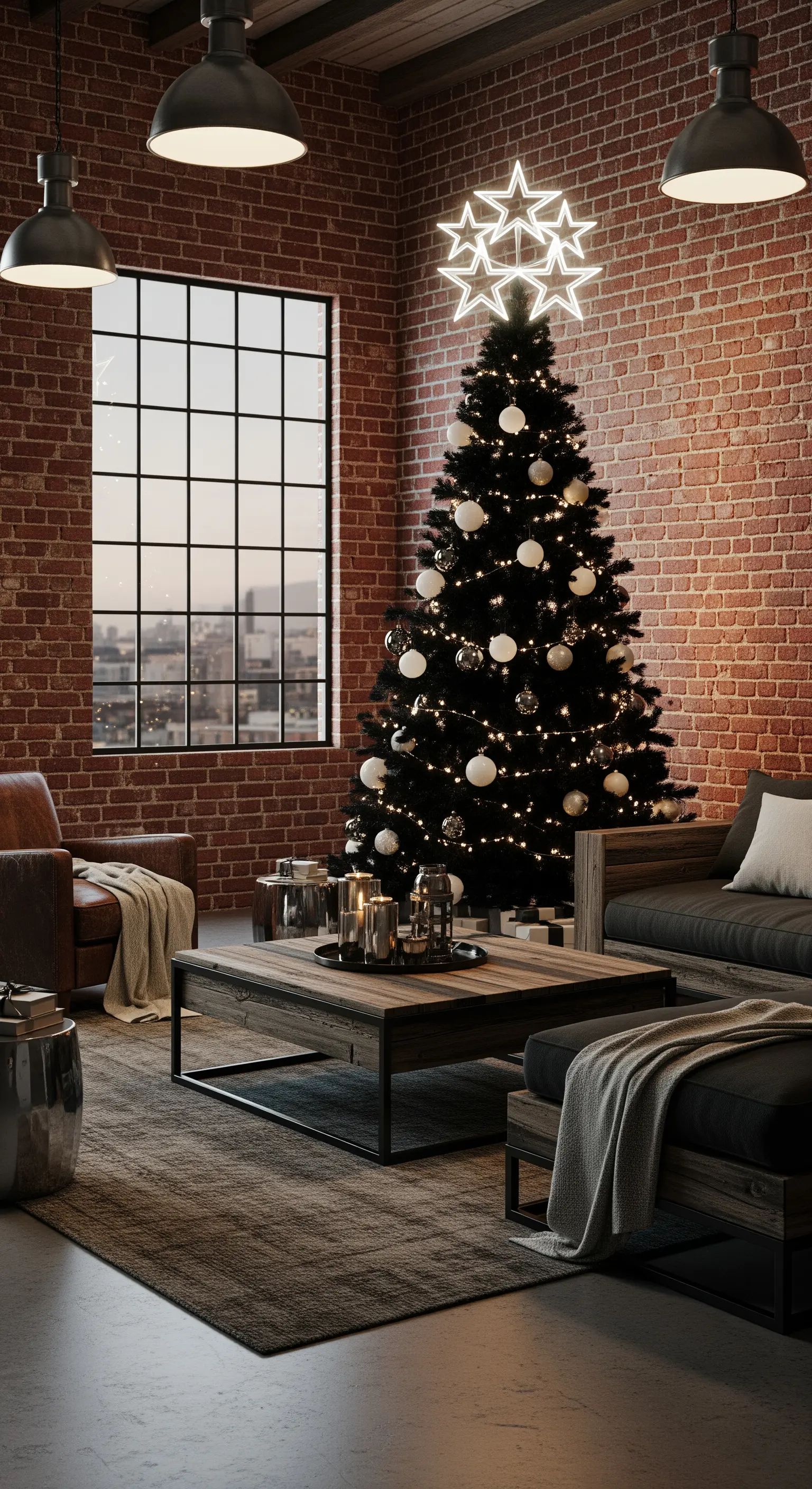 Industrielles Wohnzimmer mit schwarzem Weihnachtsbaum und Neon-Stern.
