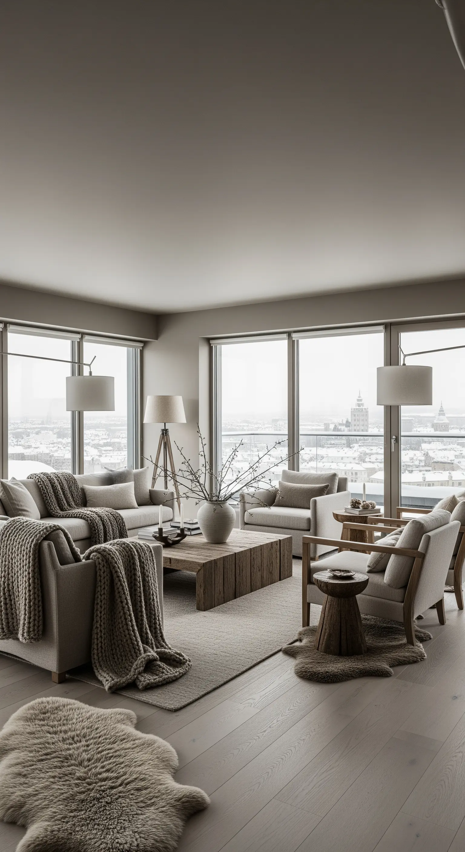 Großes Wohnzimmer mit Stadtblick, mehreren Sitzbereichen und Fellen