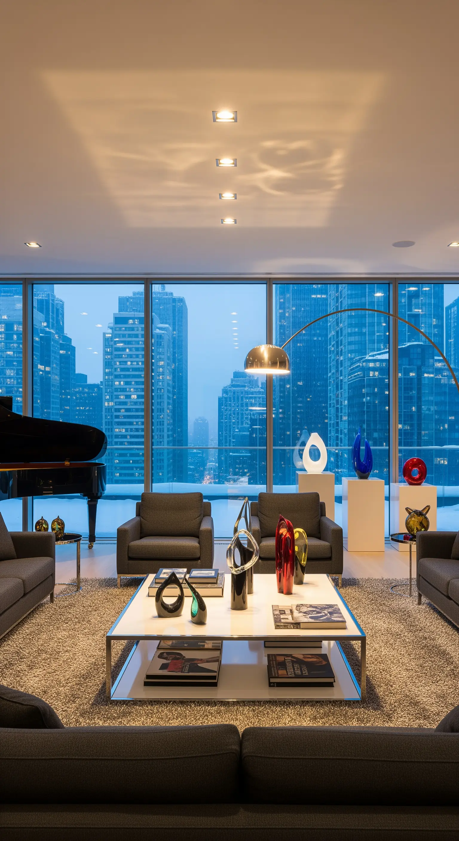 Modernes Luxus-Wohnzimmer mit Skyline-Blick, Flügel, Designermöbeln und farbigen Skulpturen.