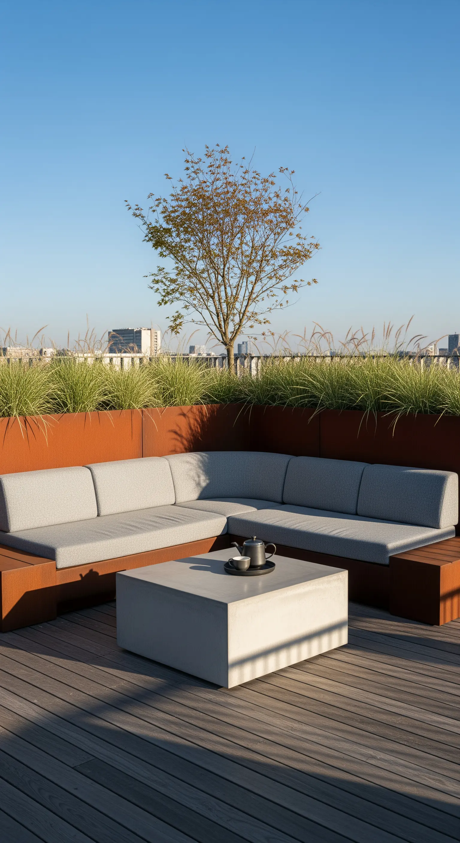 Moderne Japandi-Dachterrasse mit Holzbank, Cortenstahl und Betontisch