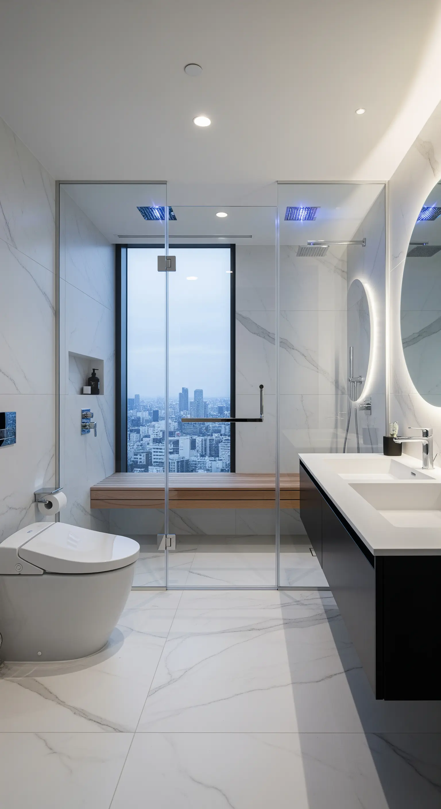 Modernes Luxusbad mit Marmorfliesen, Glasdusche und Panoramablick auf die Stadt.