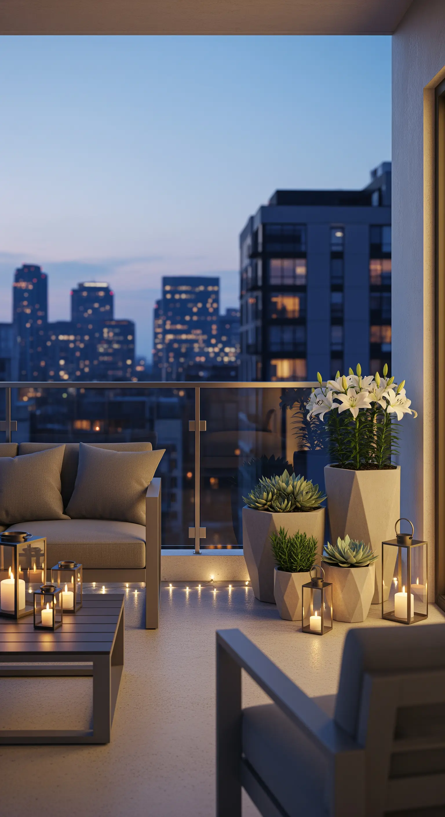 Moderner Balkon, City View, Sukkulenten, Laternen, Abendlicht, Lichterkette