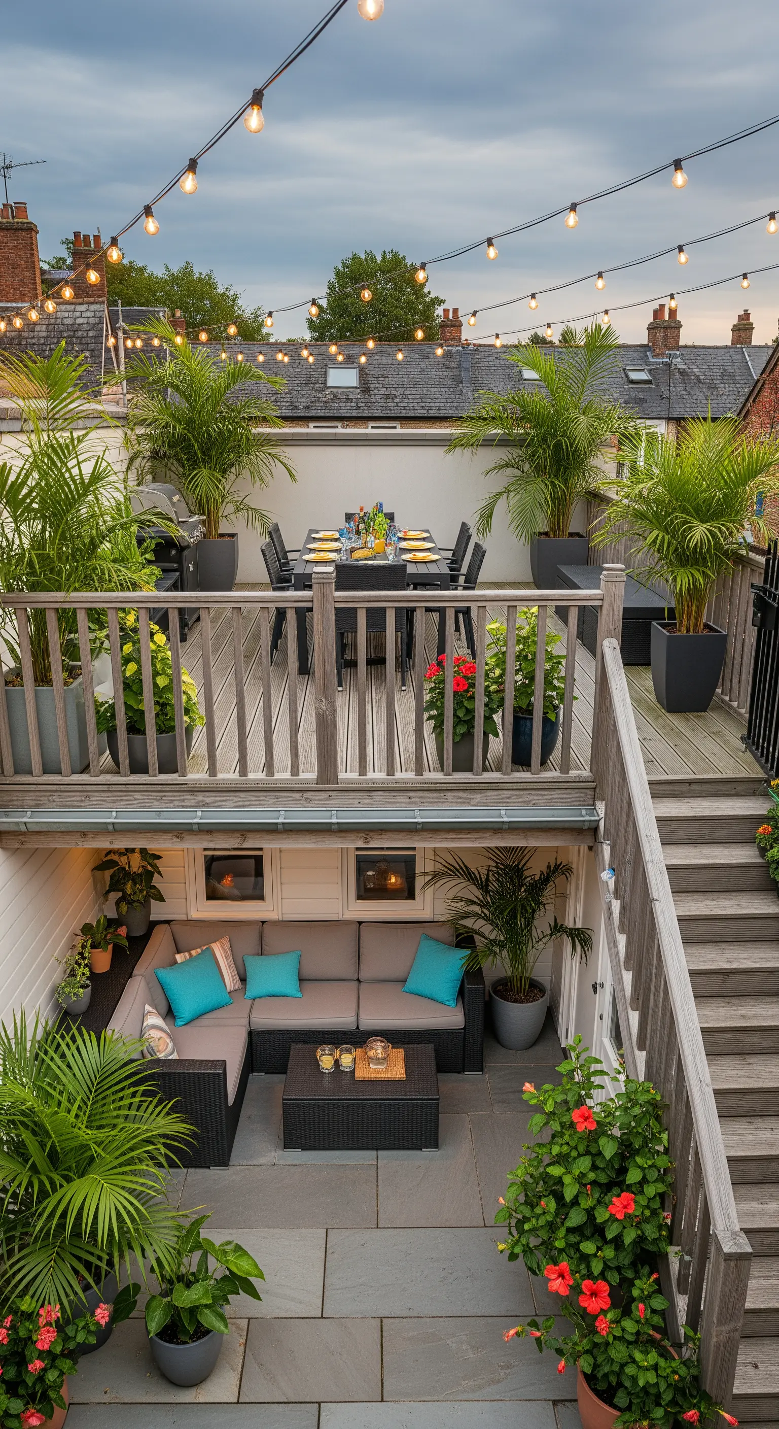 Zweistöckige Terrasse mit einem Essbereich oben und einer Lounge-Ecke unten, verbunden durch Pflanzen.