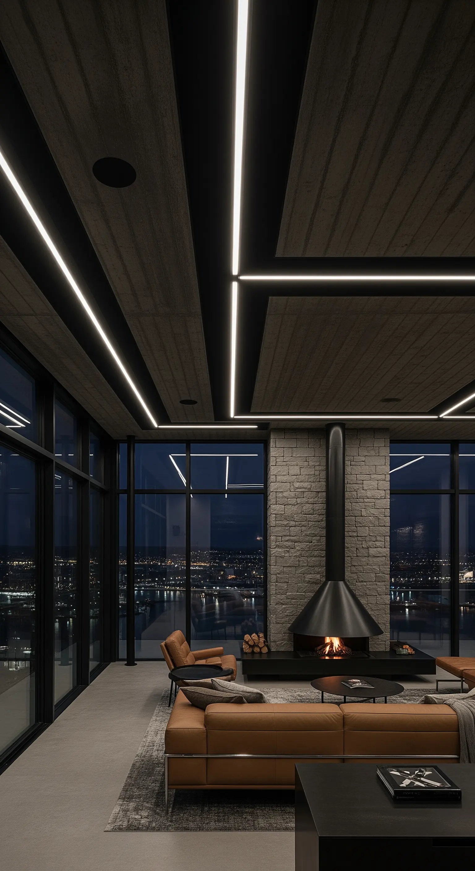 Loft-Wohnzimmer mit Beton-Decke, linearer Beleuchtung, Kamin und Stadtblick