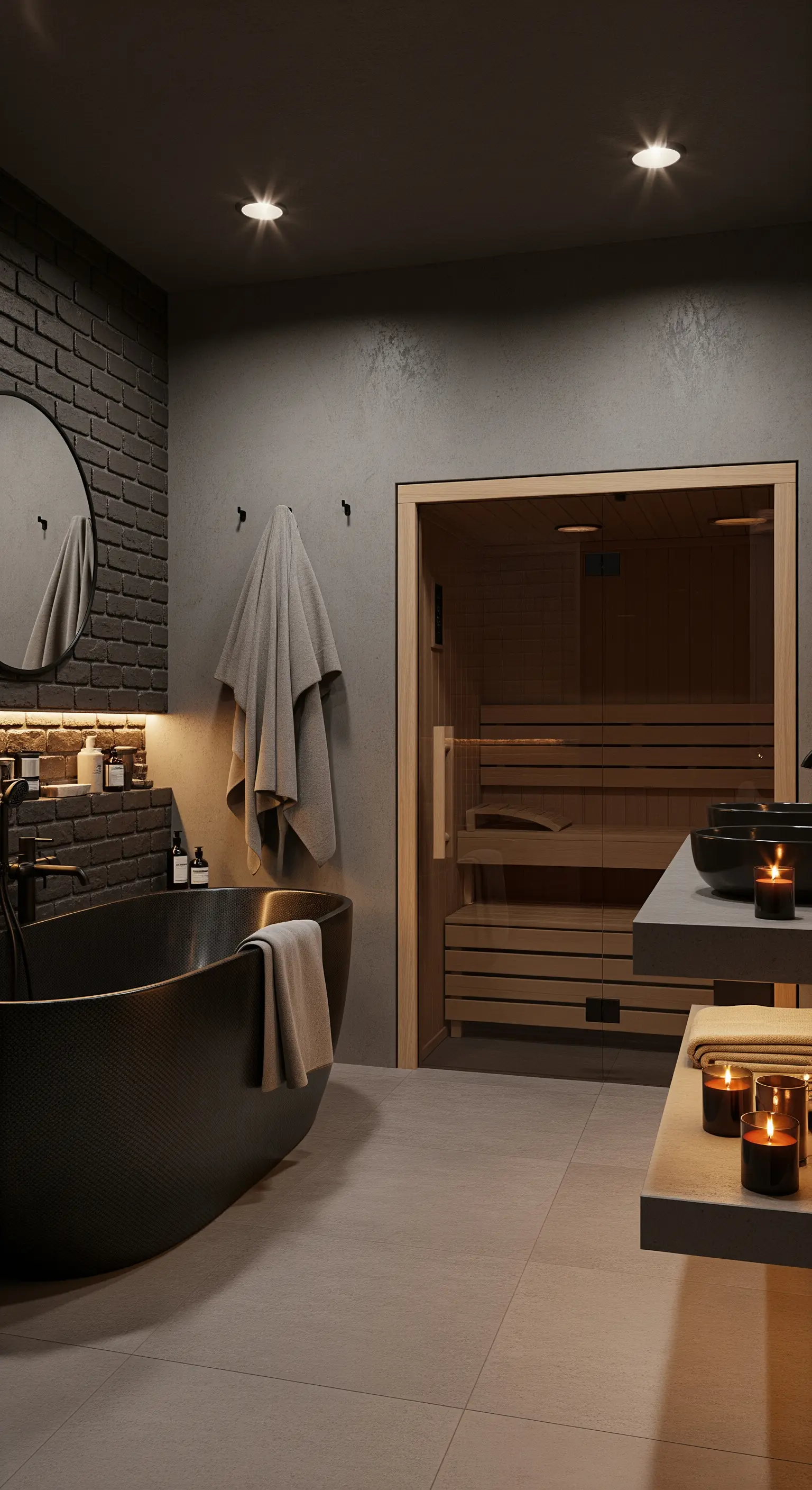 Dunkles Bad im Industrial-Stil mit integrierter Sauna und schwarzer Wanne.