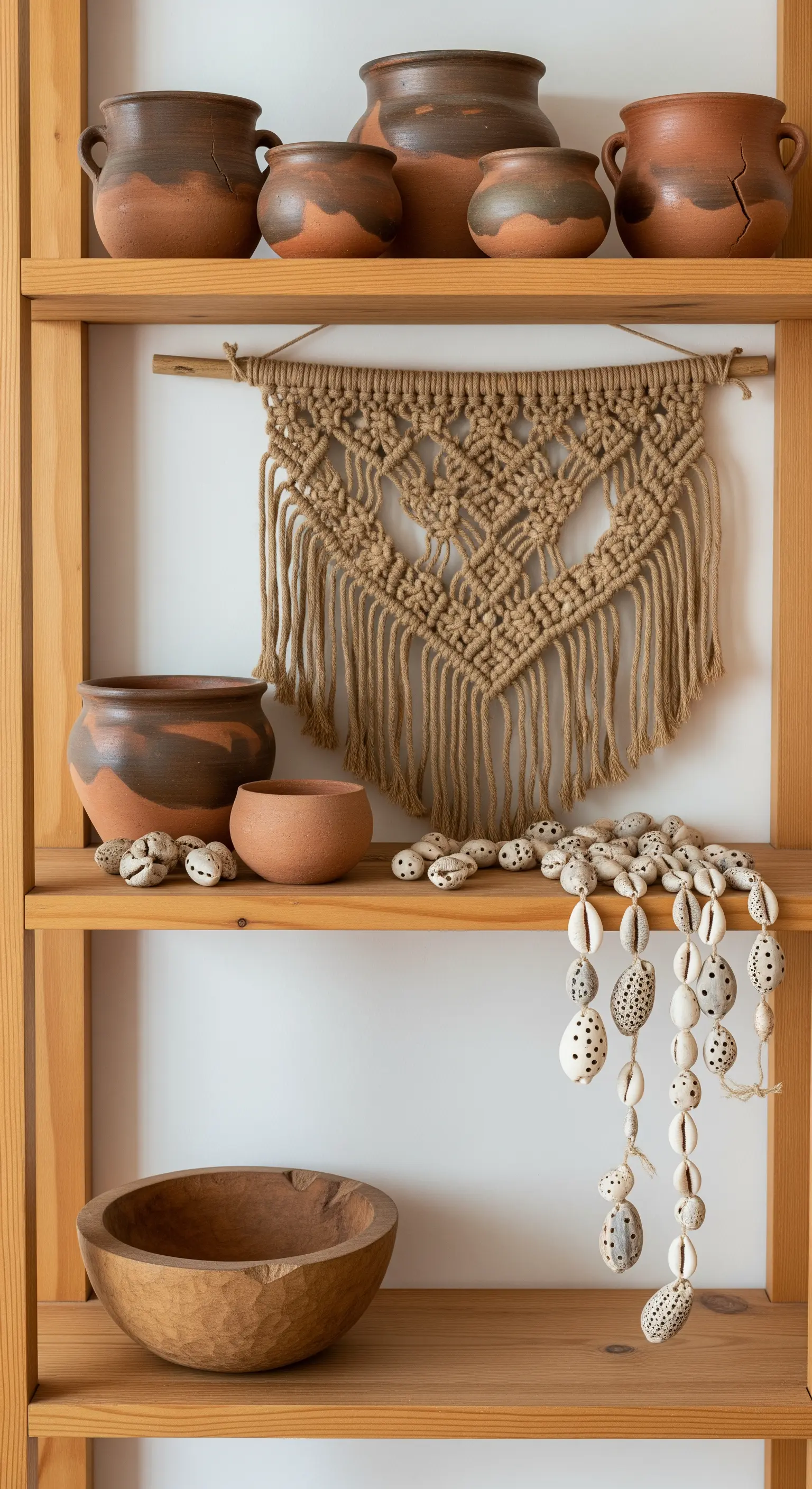 Holzregal mit handgemachter Terrakotta-Keramik, Muschelgirlande und Makramee.