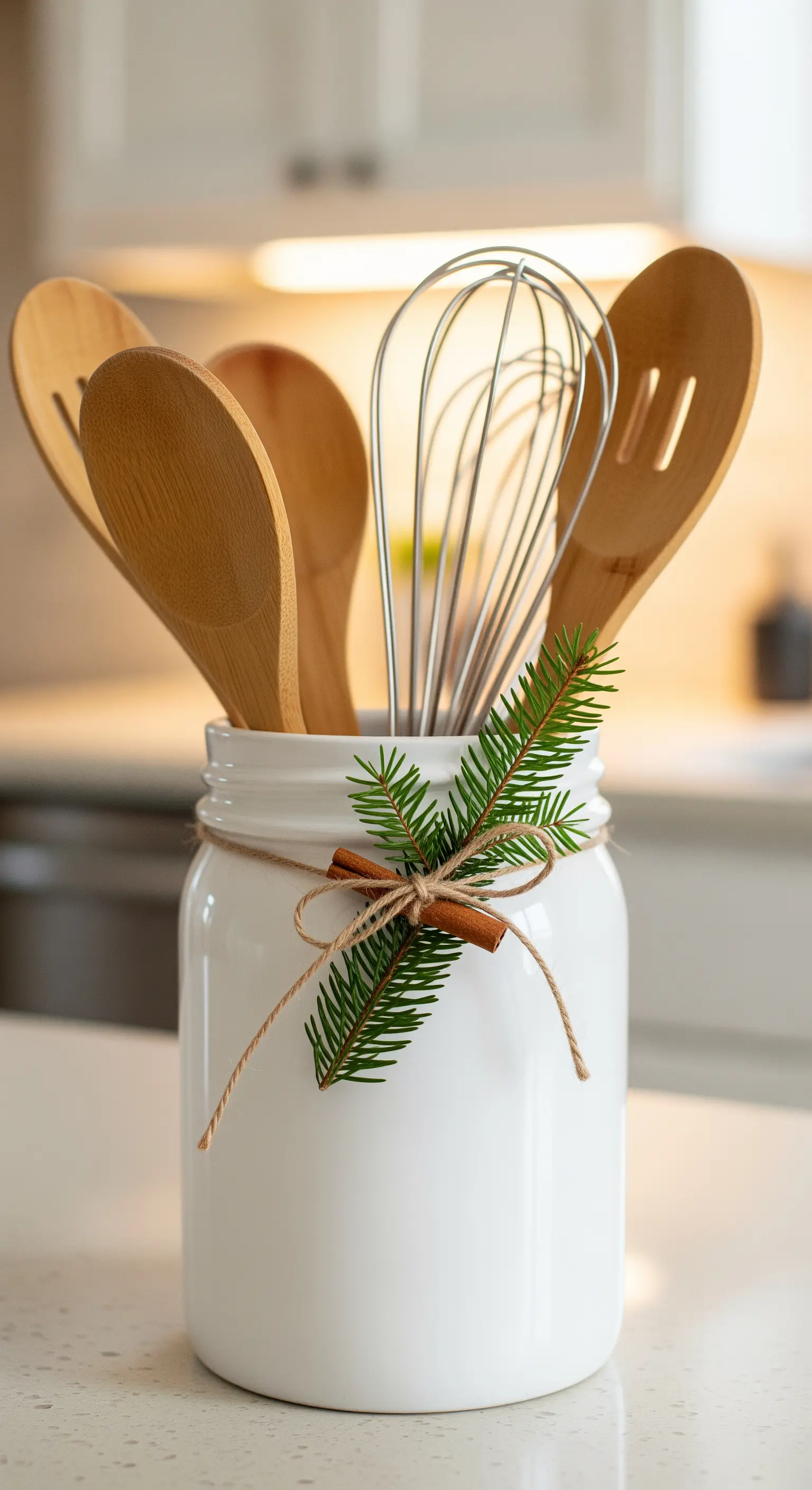 Utensilienbehälter mit Holzlöffeln, Tannenzweig und Zimtstange.